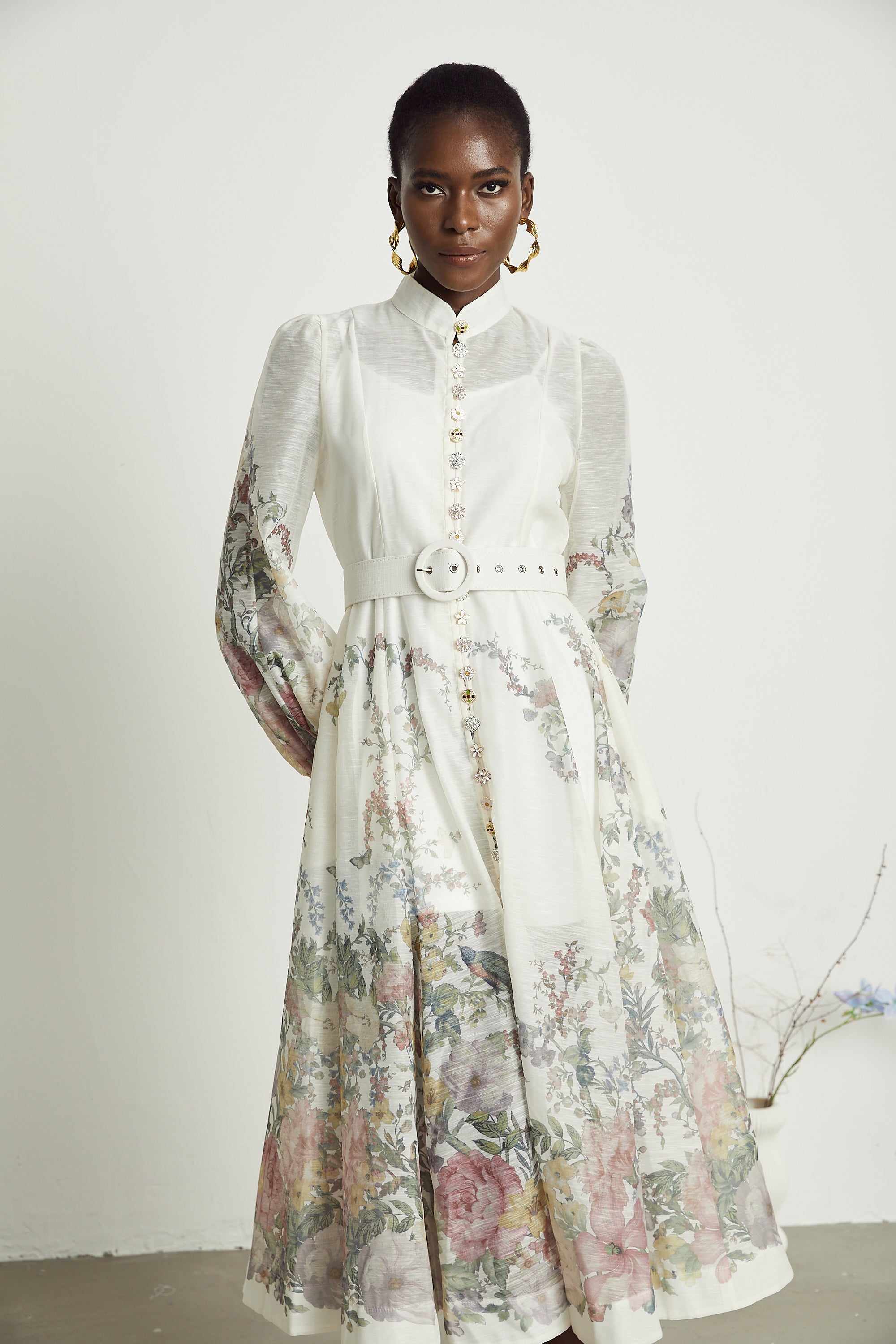 Suzette belted-waist floral print midi dress