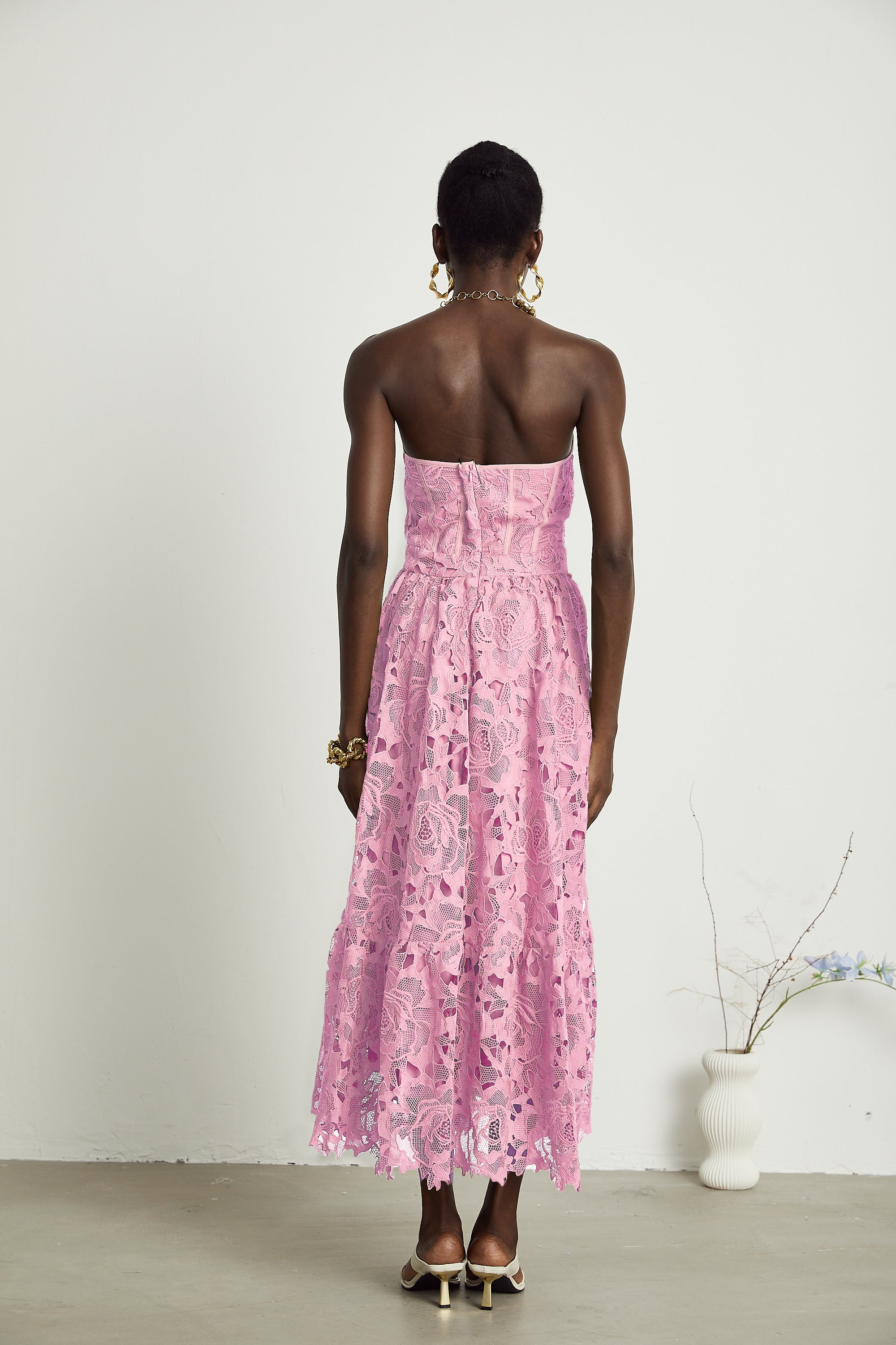 Inès lace floral embroidered cut-out midi dress in Pink