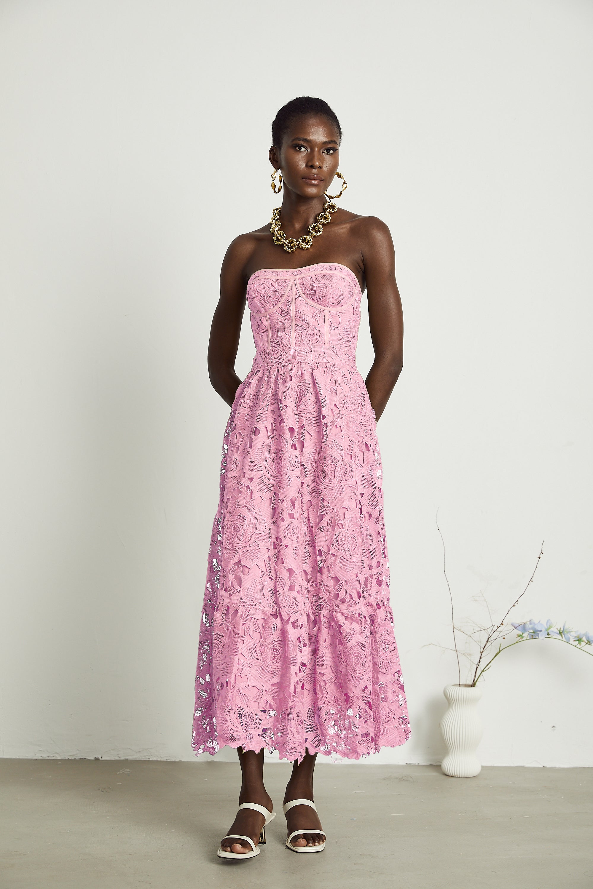 Inès lace floral embroidered cut-out midi dress in Pink