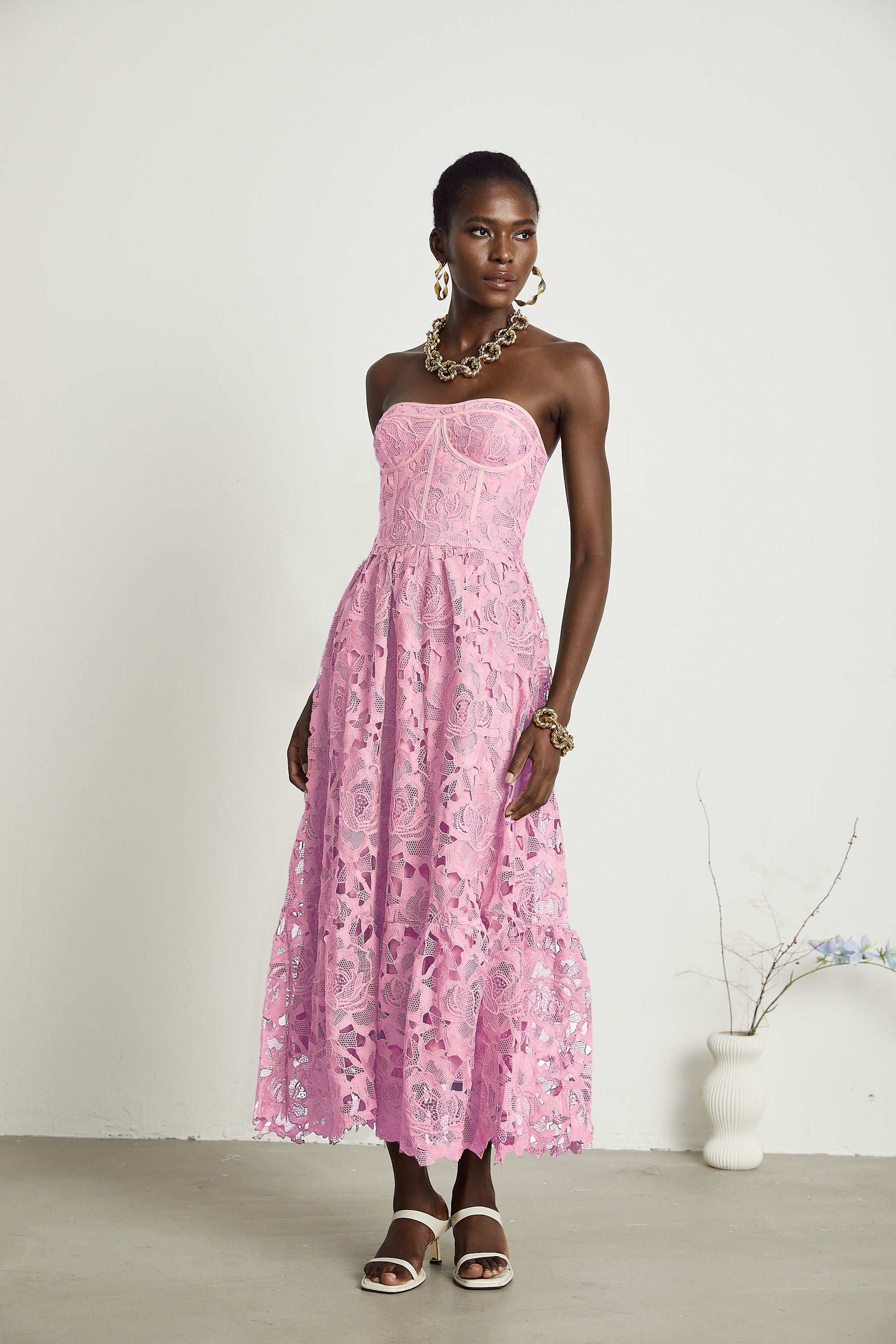 Inès lace floral embroidered cut-out midi dress in Pink