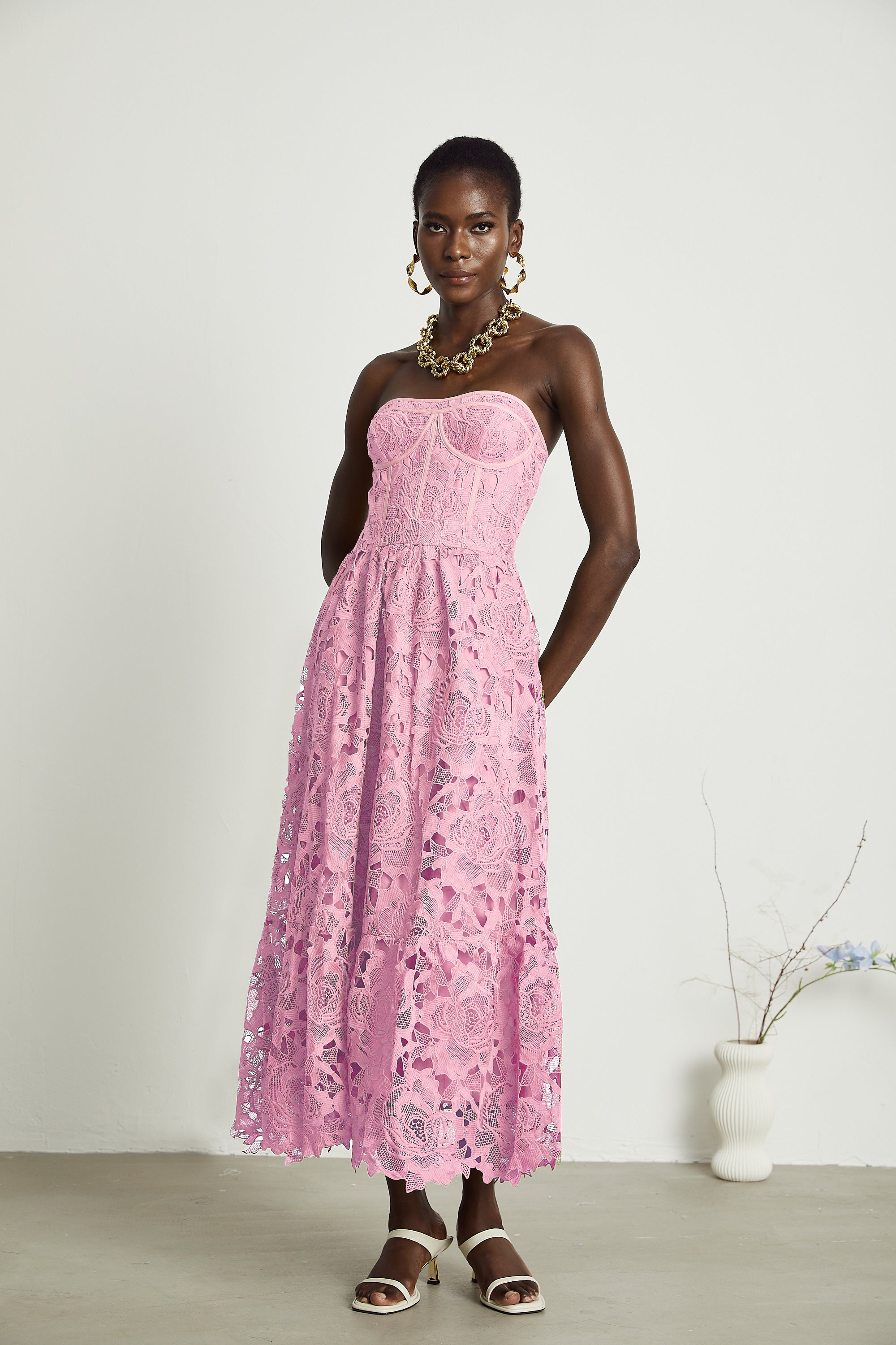Inès lace floral embroidered cut-out midi dress in Pink