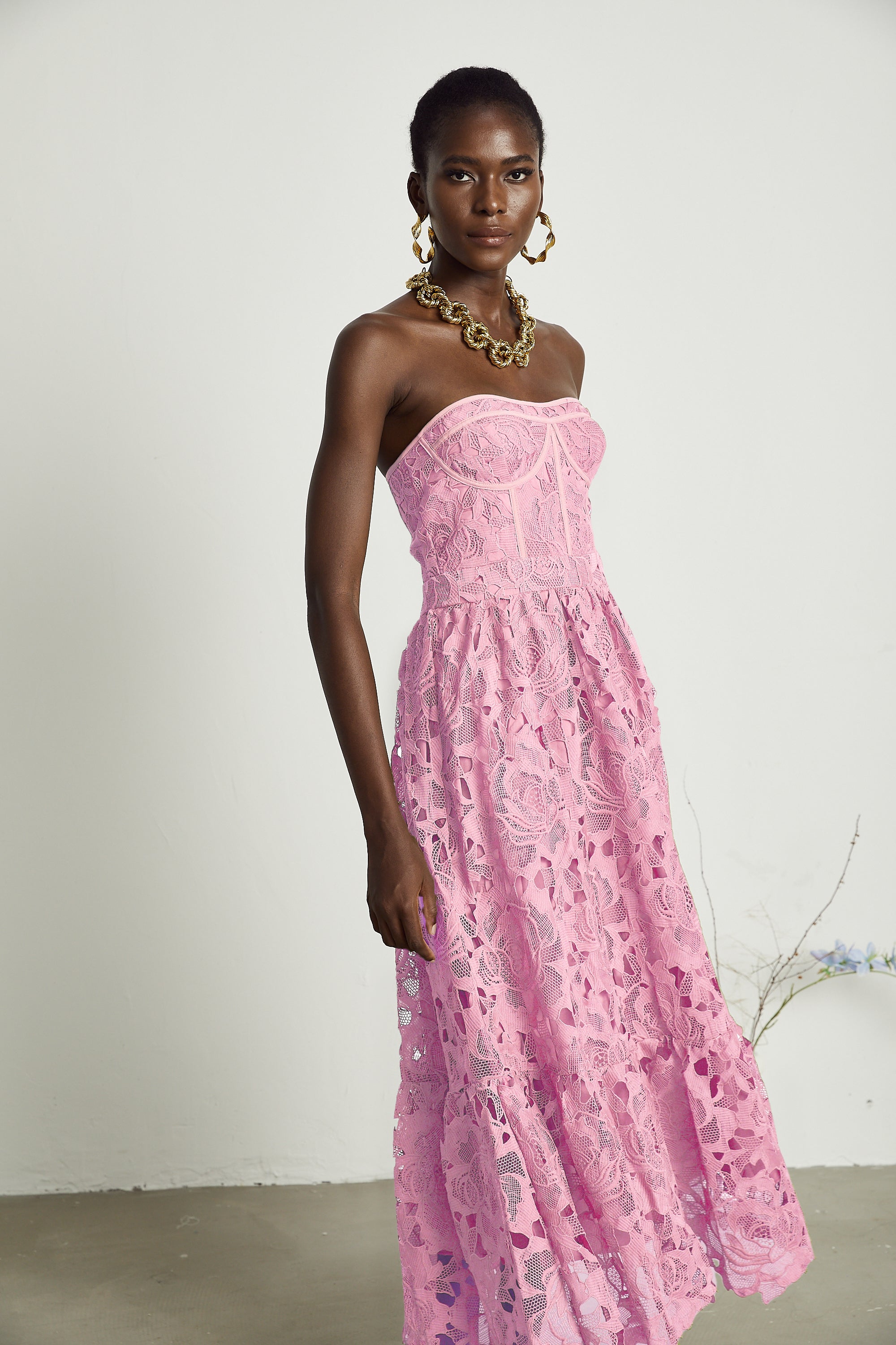 Inès lace floral embroidered cut-out midi dress in Pink