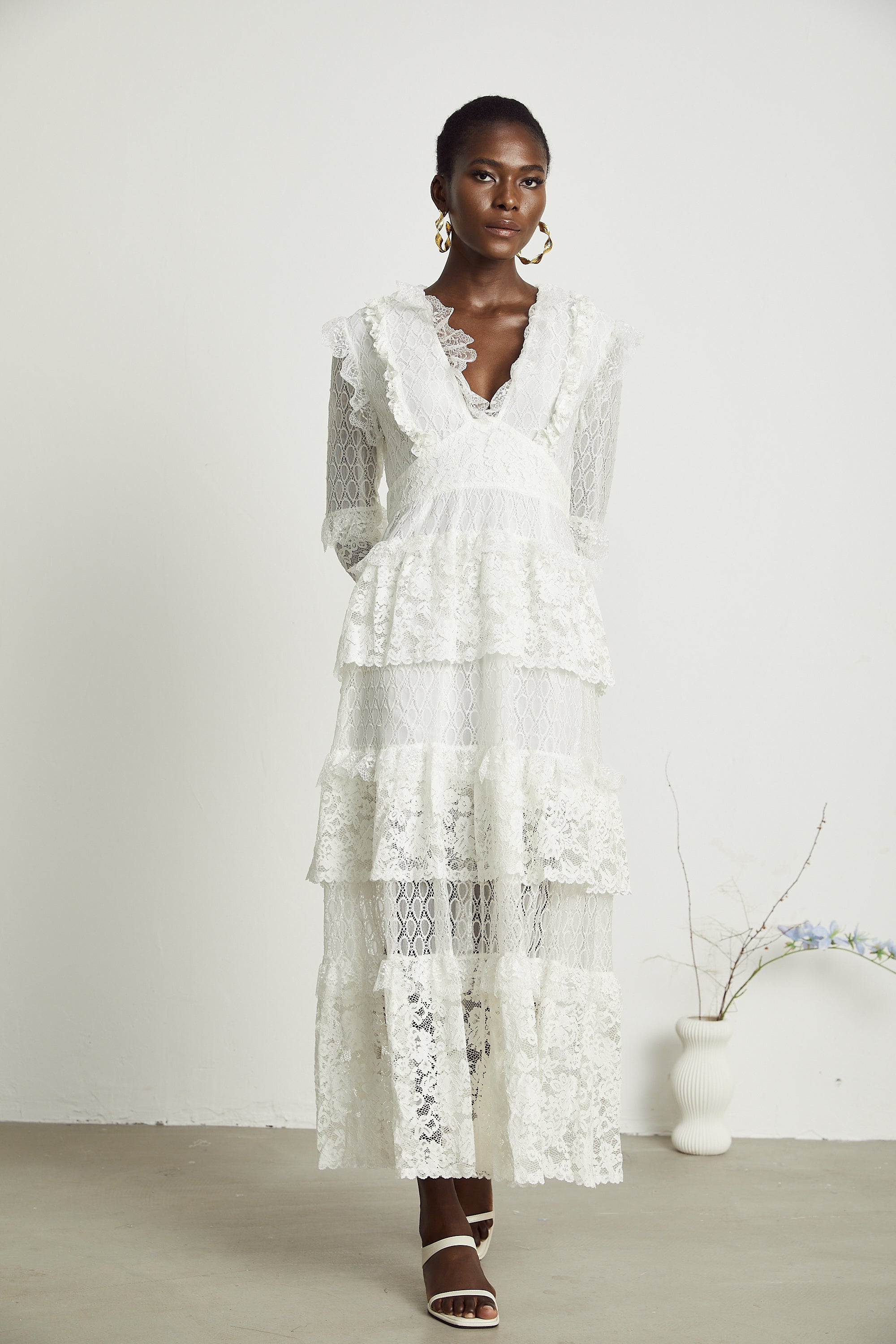 Aimée layered cut-out lace embroidered midi dress