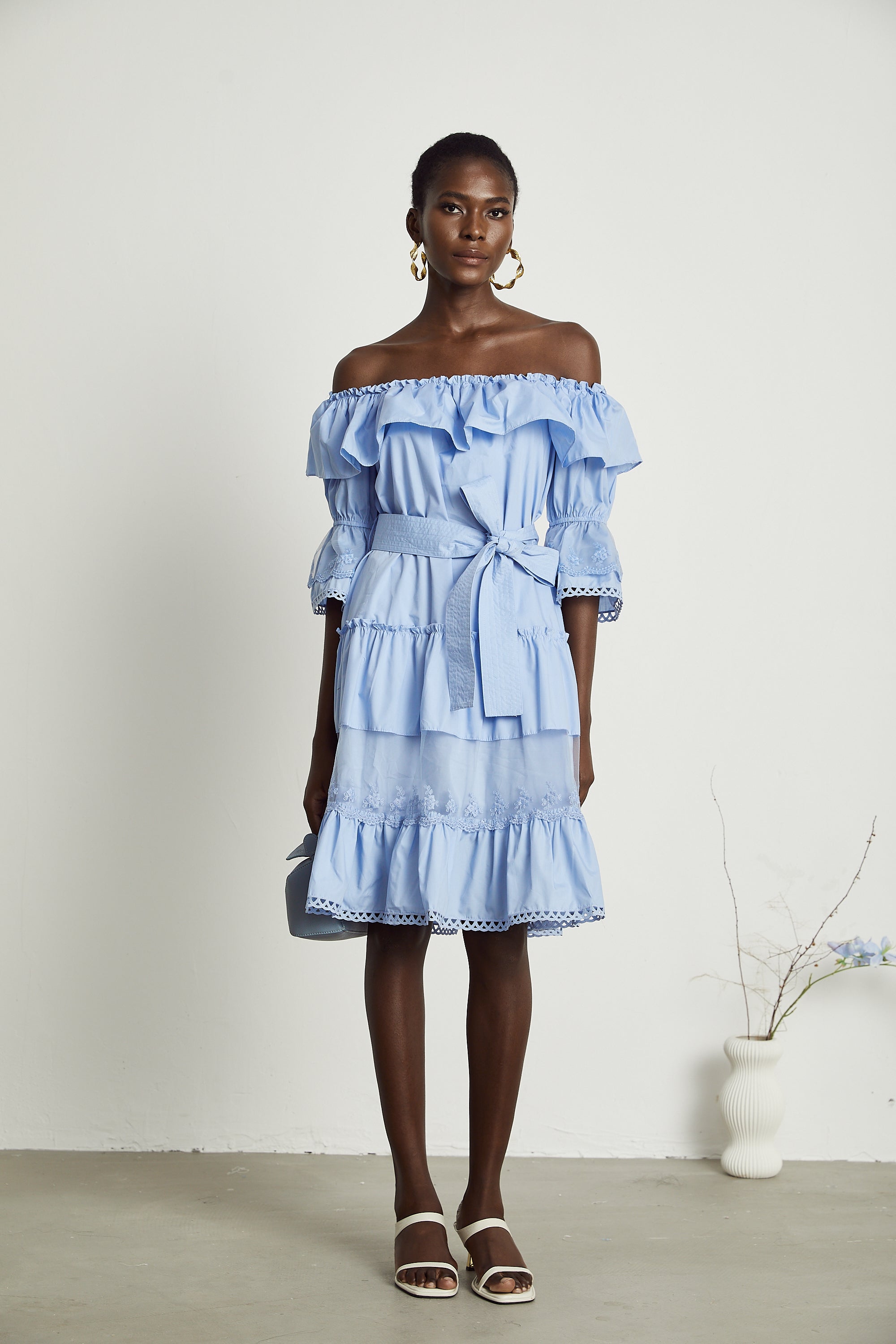 Sophie off-shoulder tiered midi dress