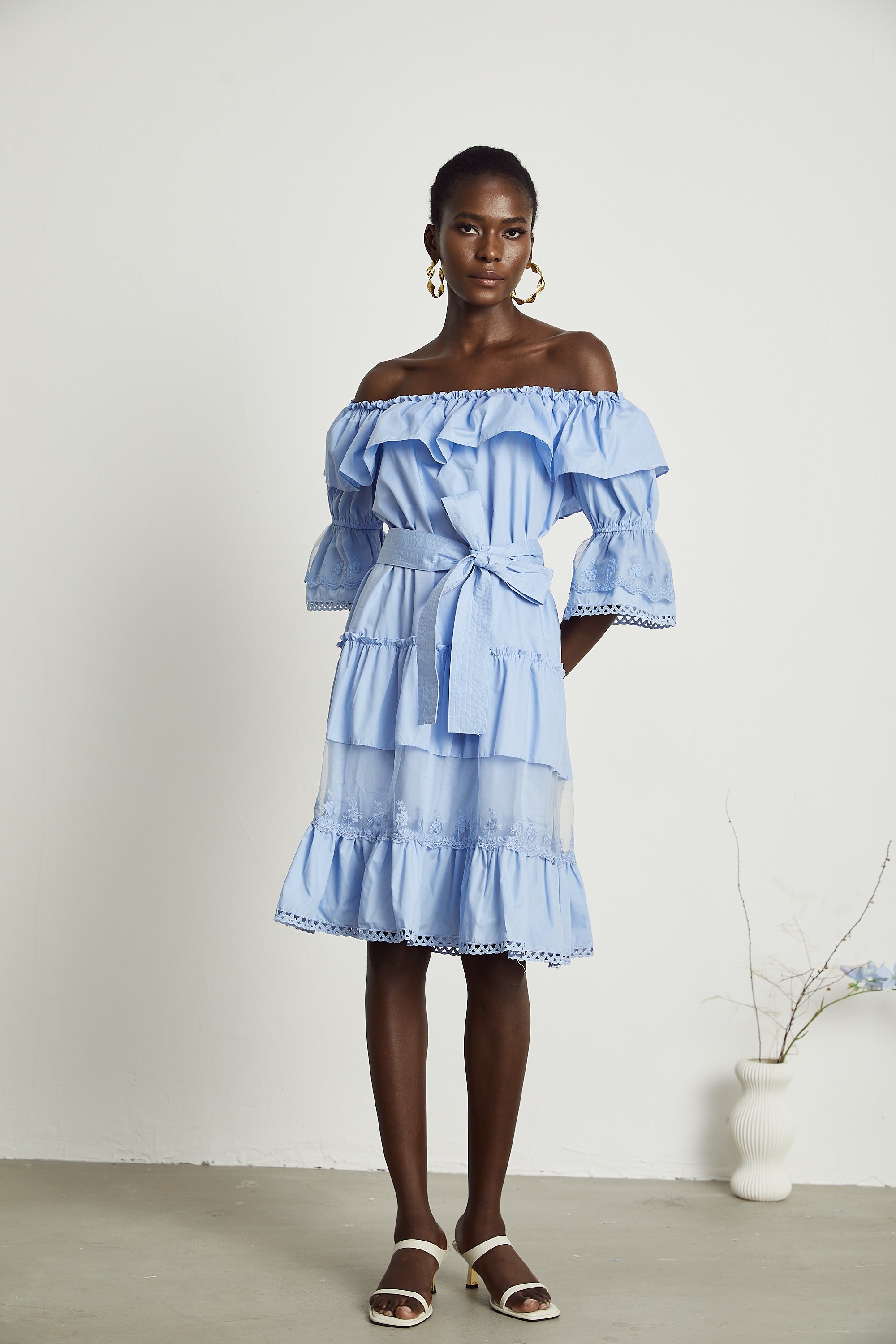 Sophie off-shoulder tiered midi dress