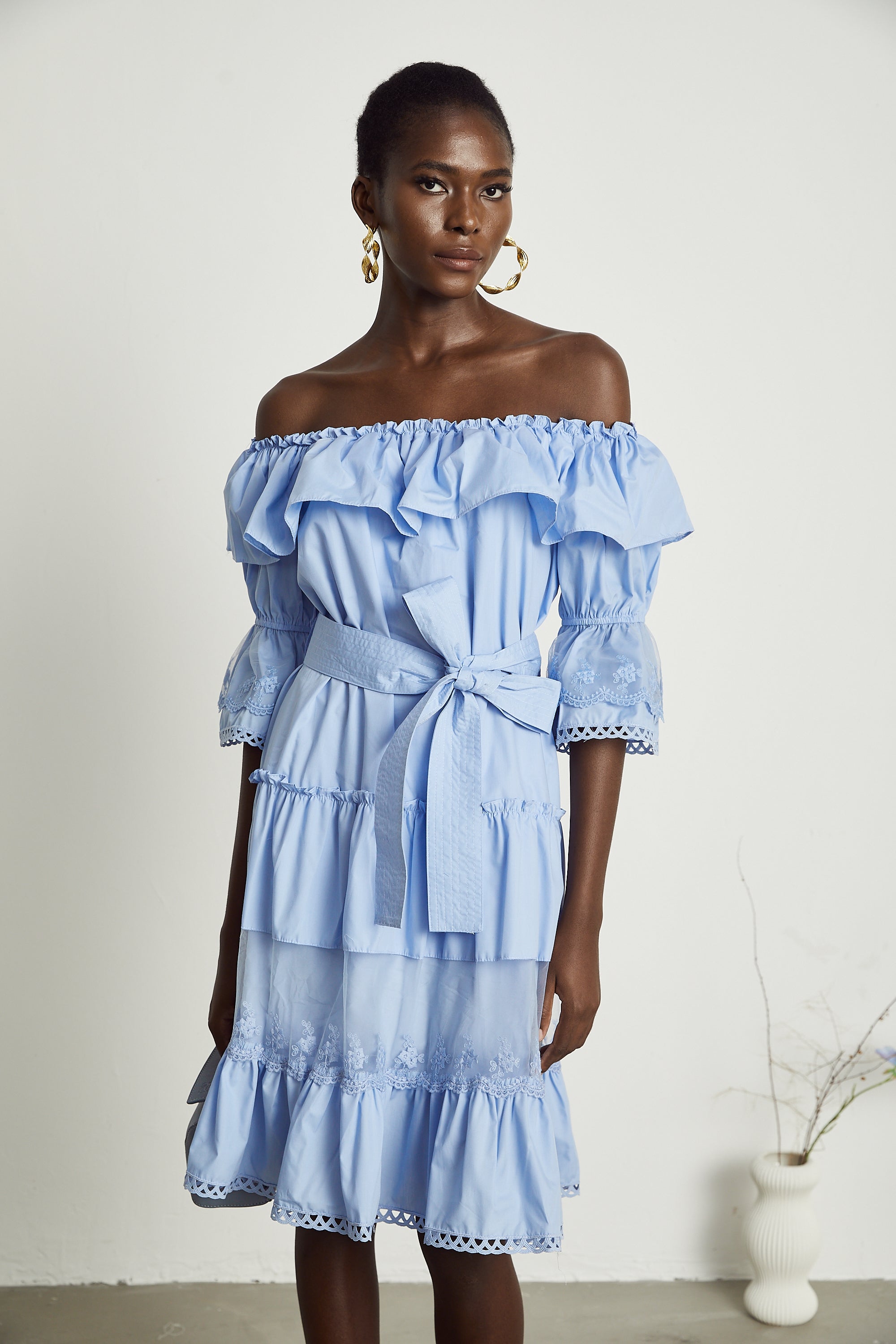 Sophie off-shoulder tiered midi dress