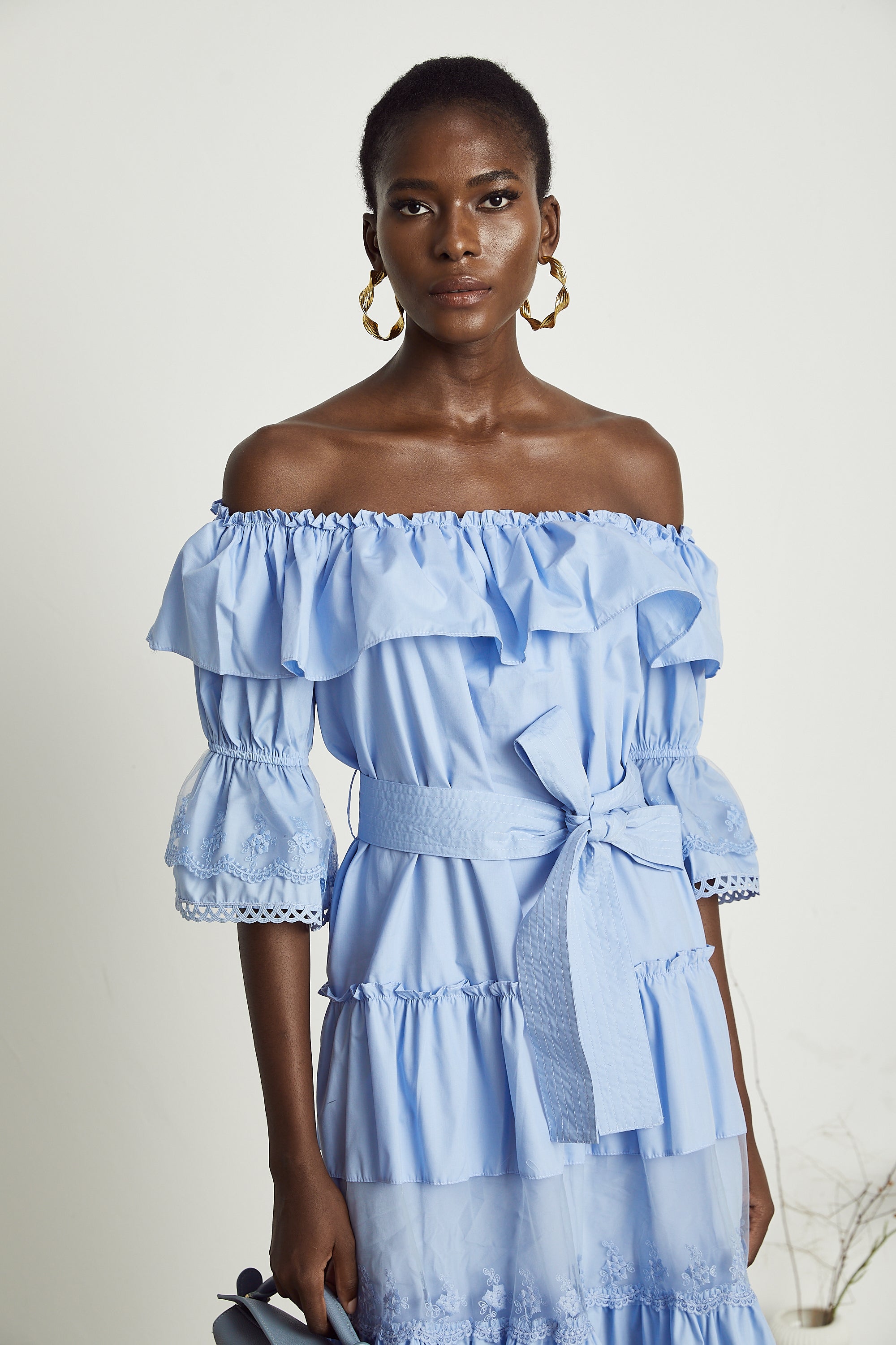 Sophie off-shoulder tiered midi dress