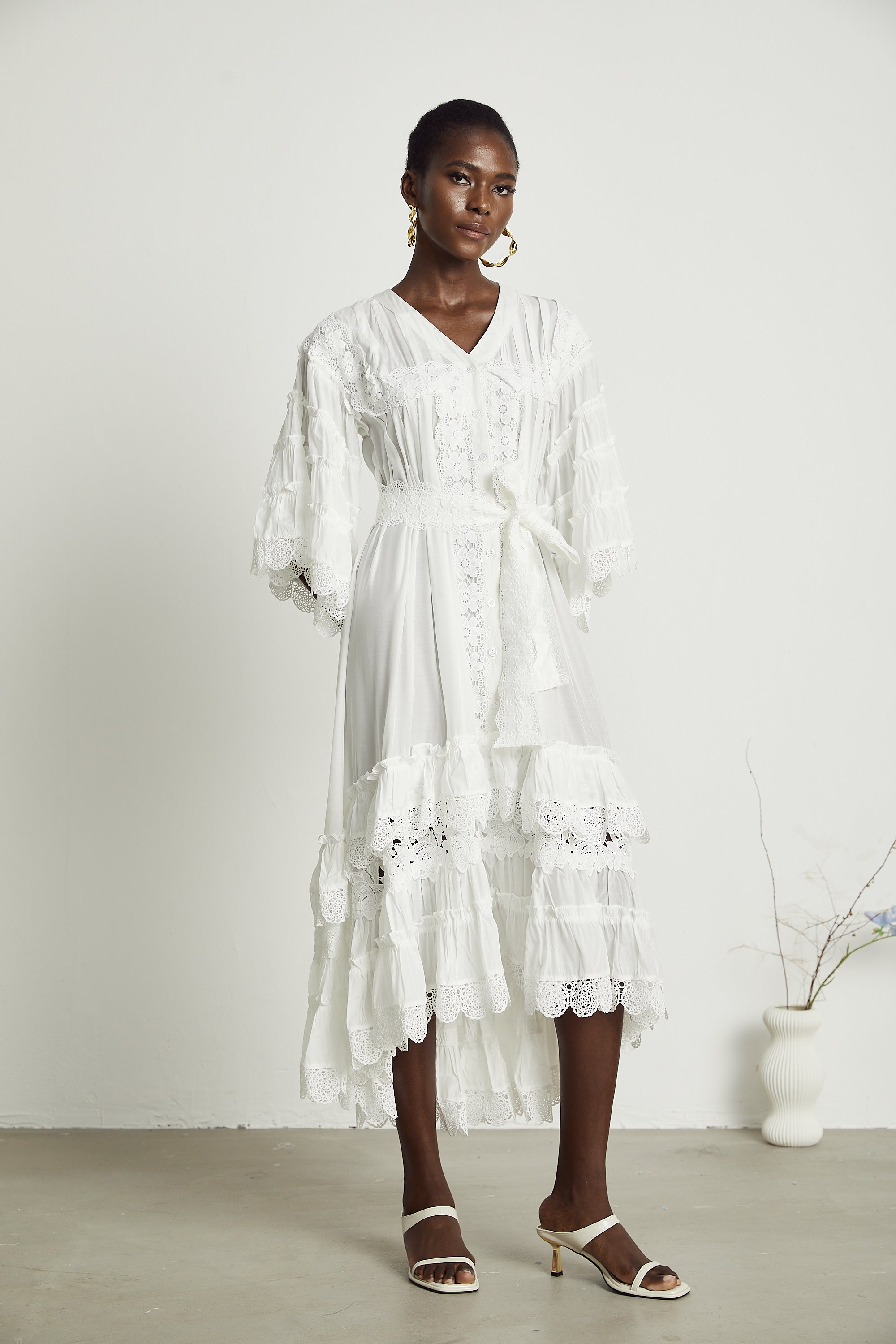 Thérèse semi-sheer lace trim midi dress