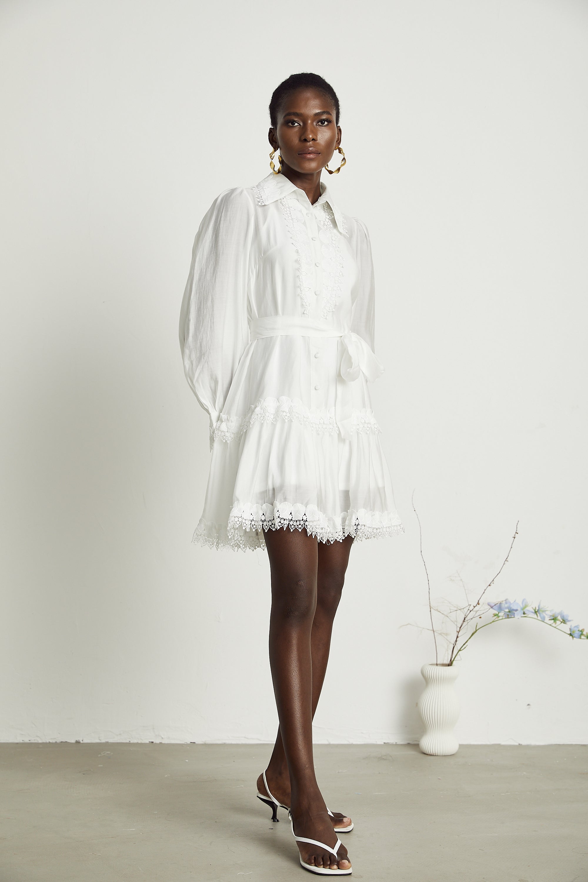 Mélisande white lace-trim belted mini dress