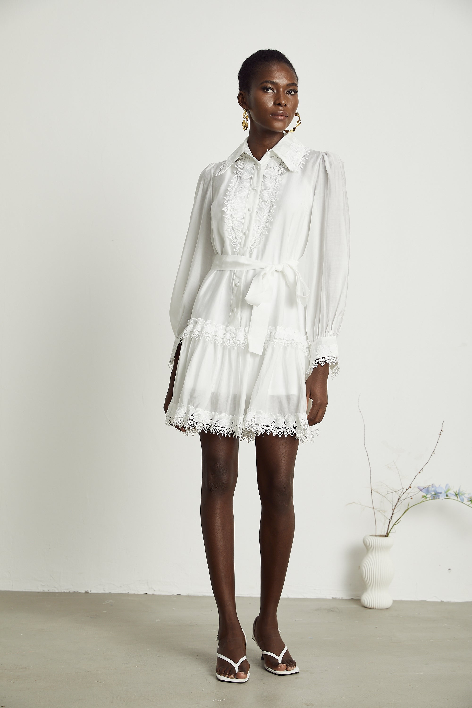 Mélisande white lace-trim belted mini dress