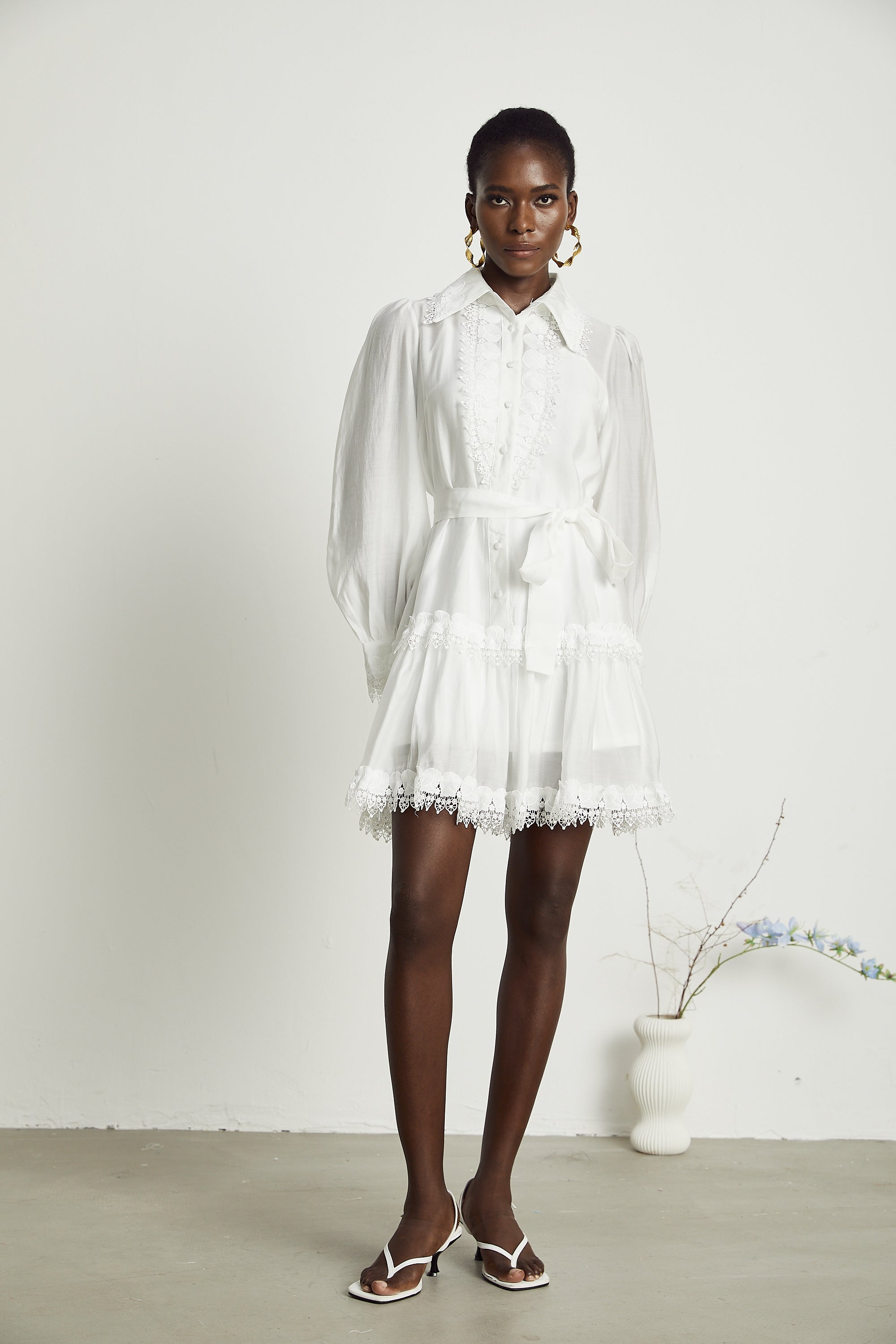 Mélisande white lace-trim belted mini dress