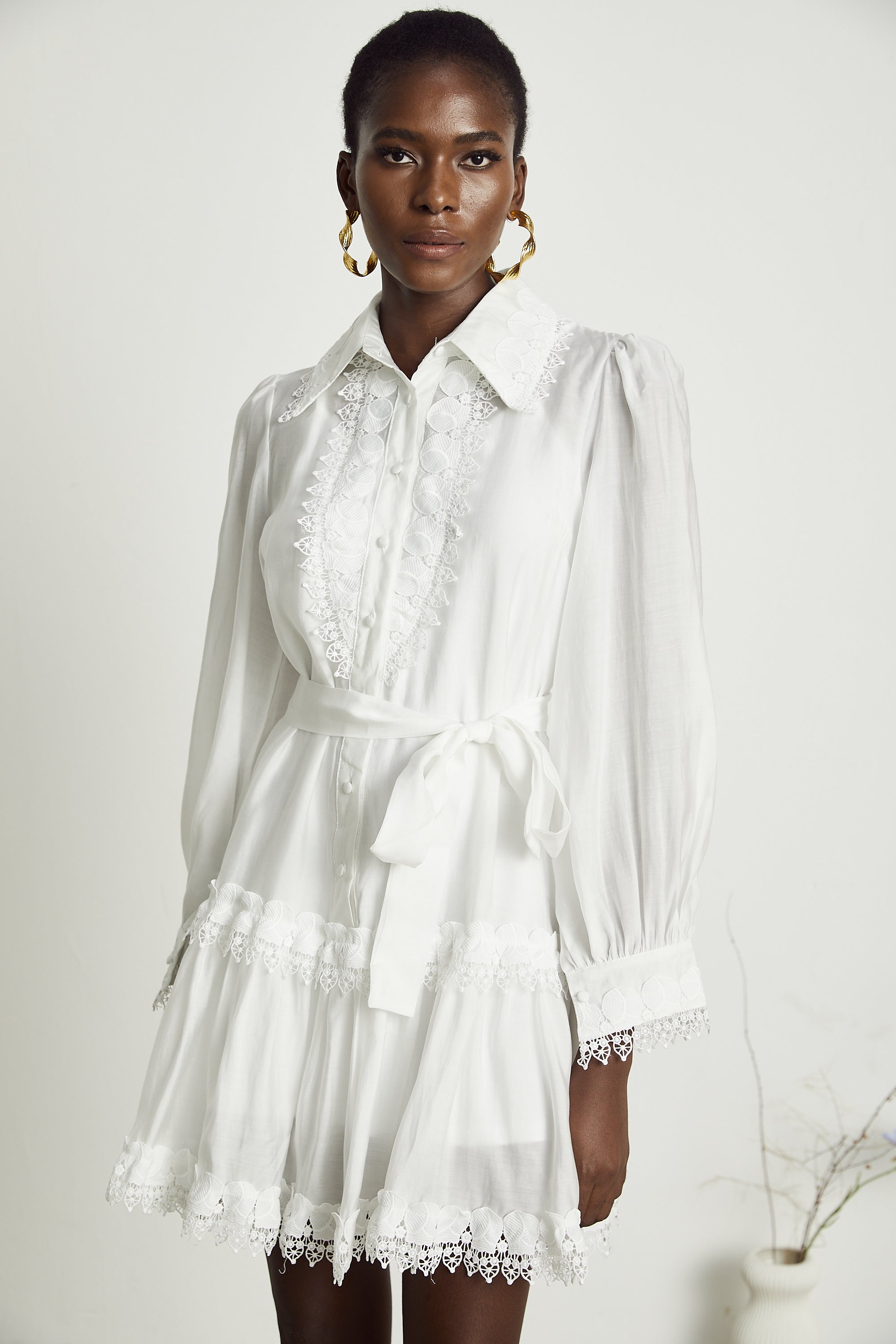 Mélisande white lace-trim belted mini dress