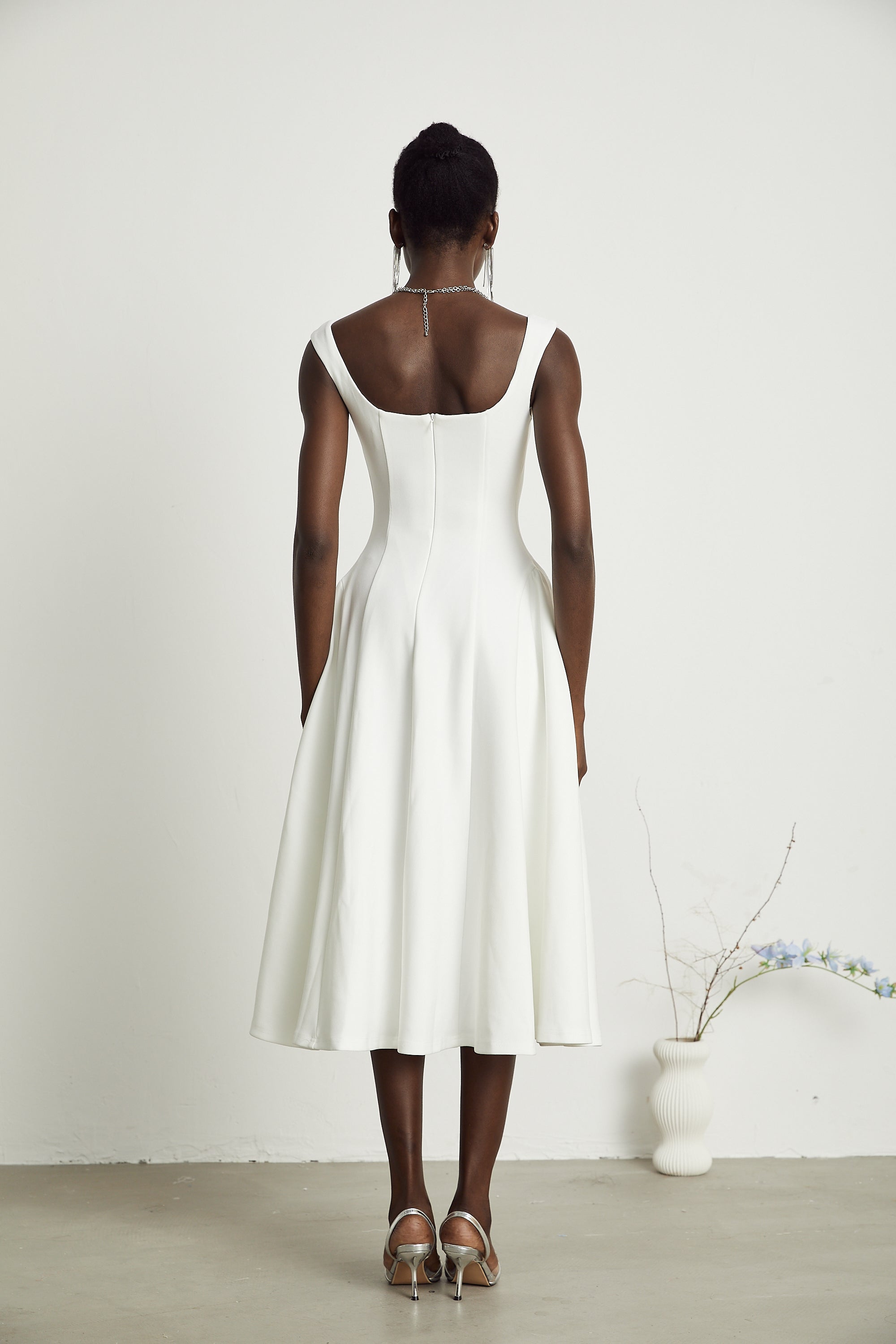 Thala white pleated flared midi dress