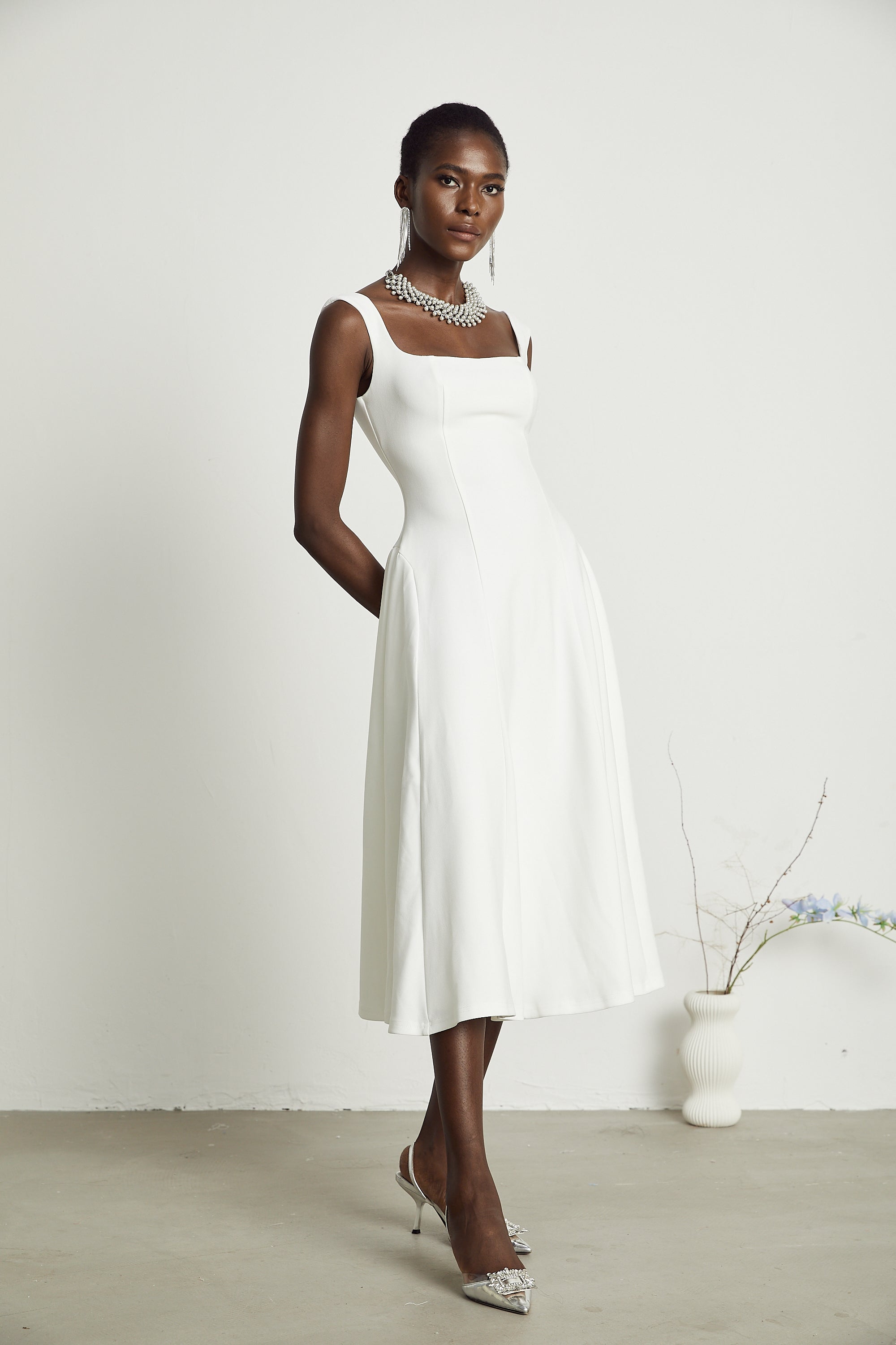 Thala white pleated flared midi dress