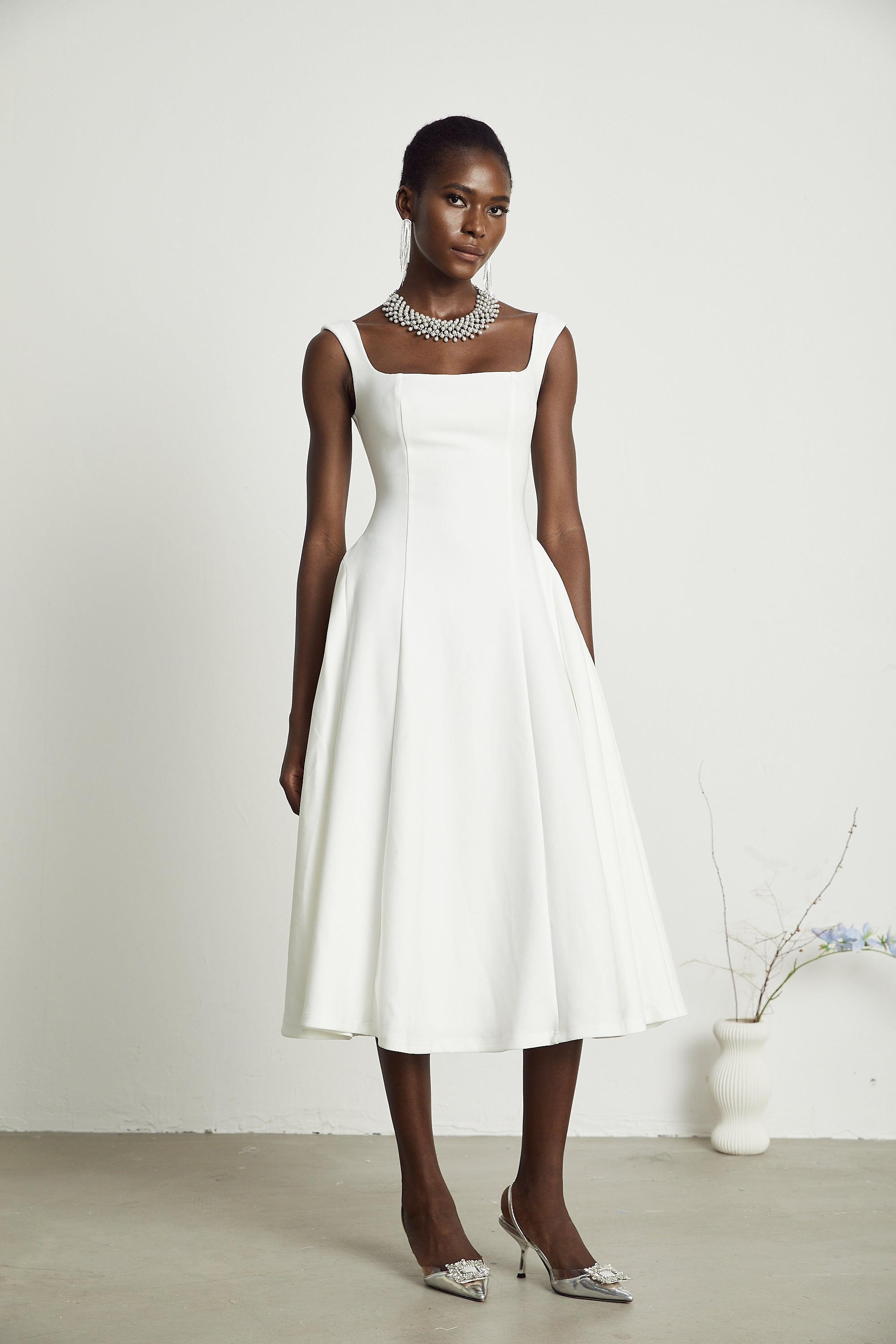 Thala white pleated flared midi dress