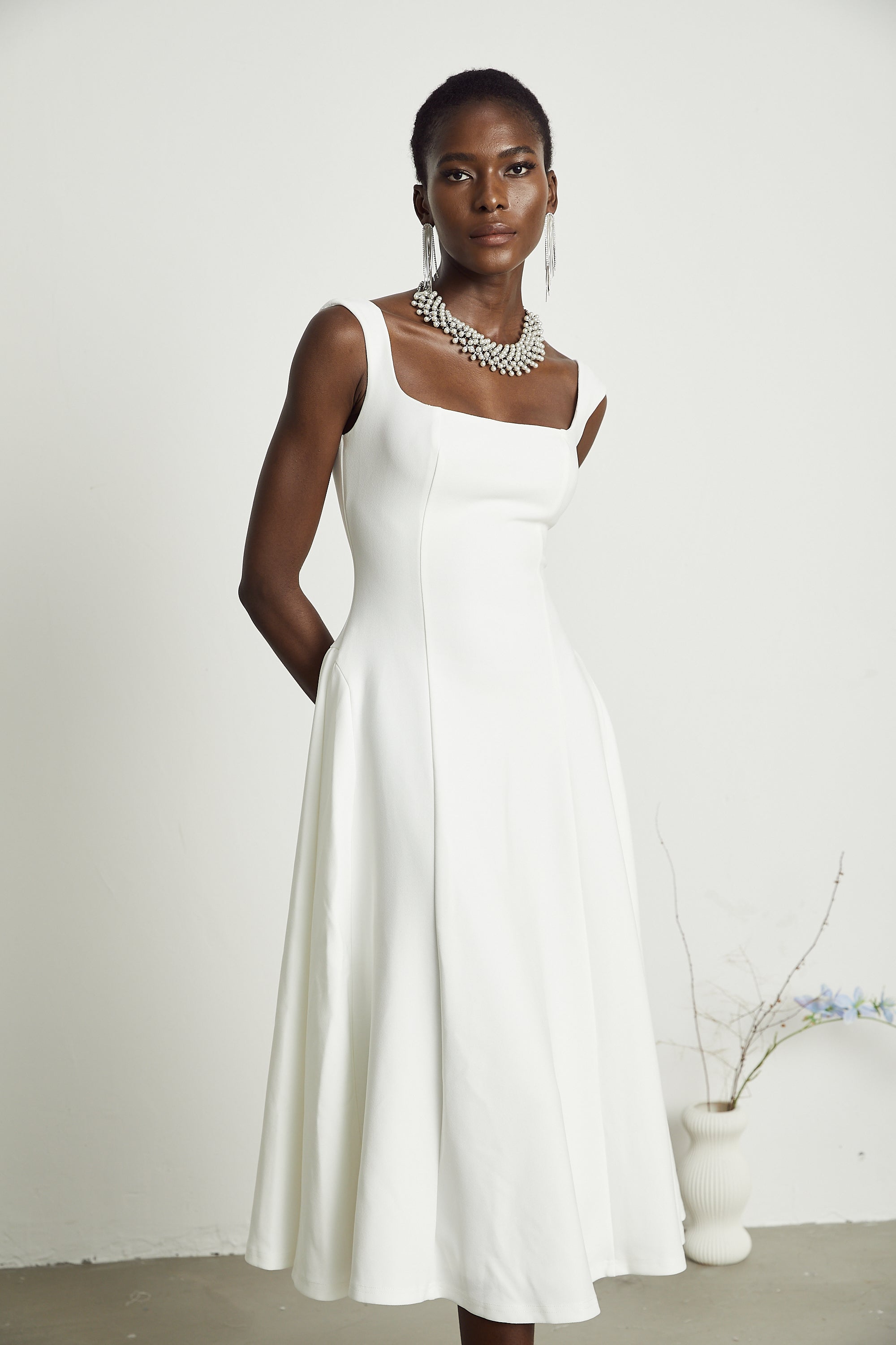 Thala white pleated flared midi dress