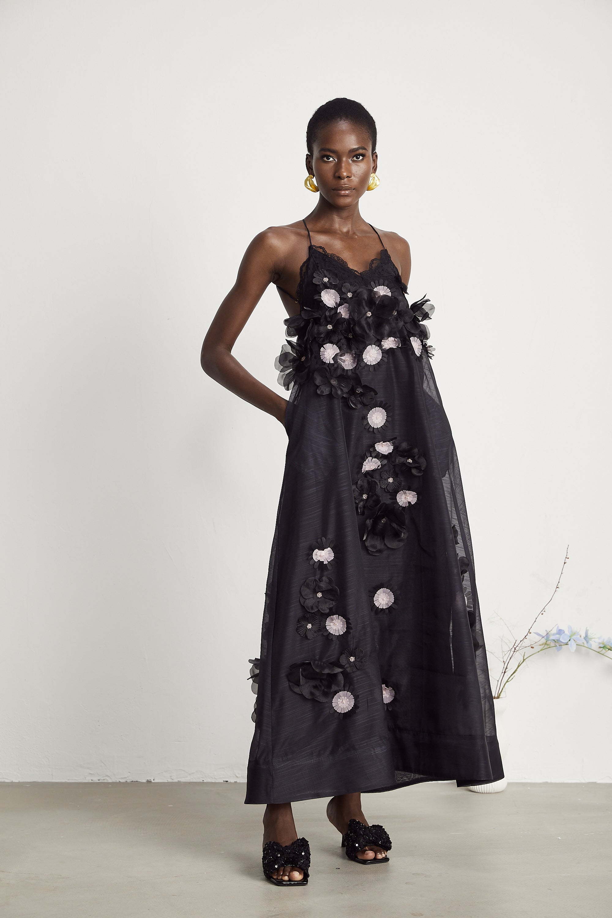 Sabine faux-floral embellished midi dress in Black