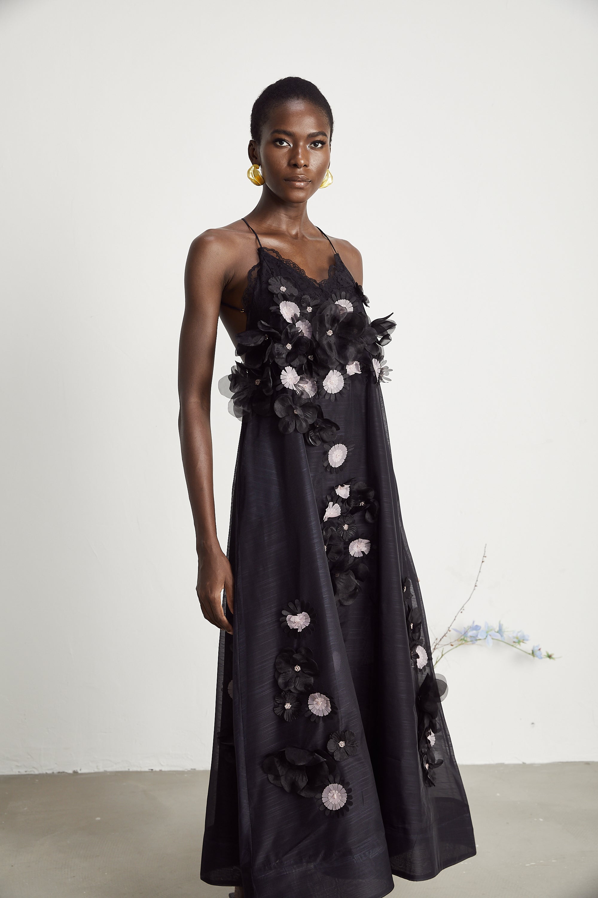 Sabine faux-floral embellished midi dress in Black