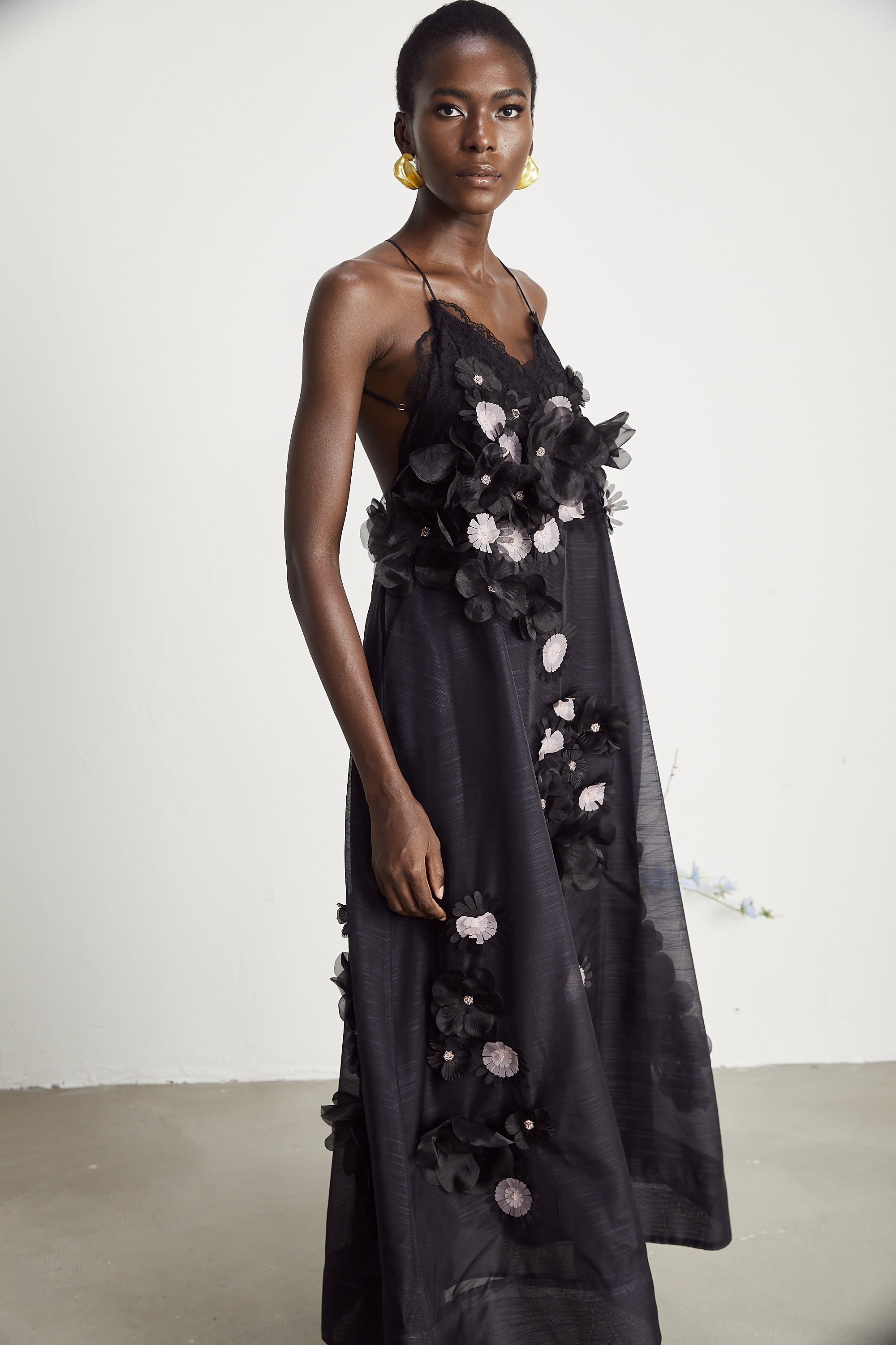 Sabine faux-floral embellished midi dress in Black