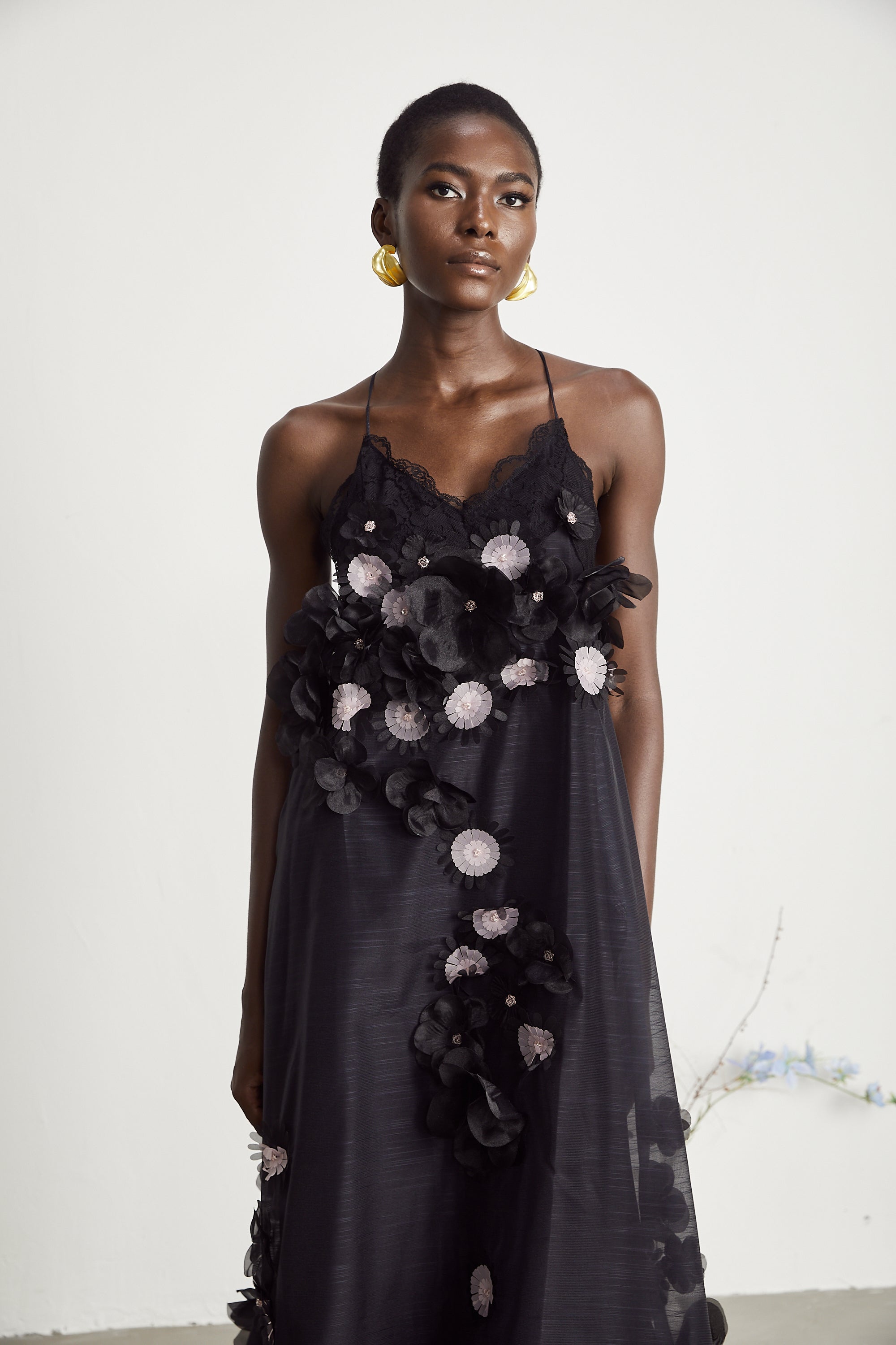 Sabine faux-floral embellished midi dress in Black