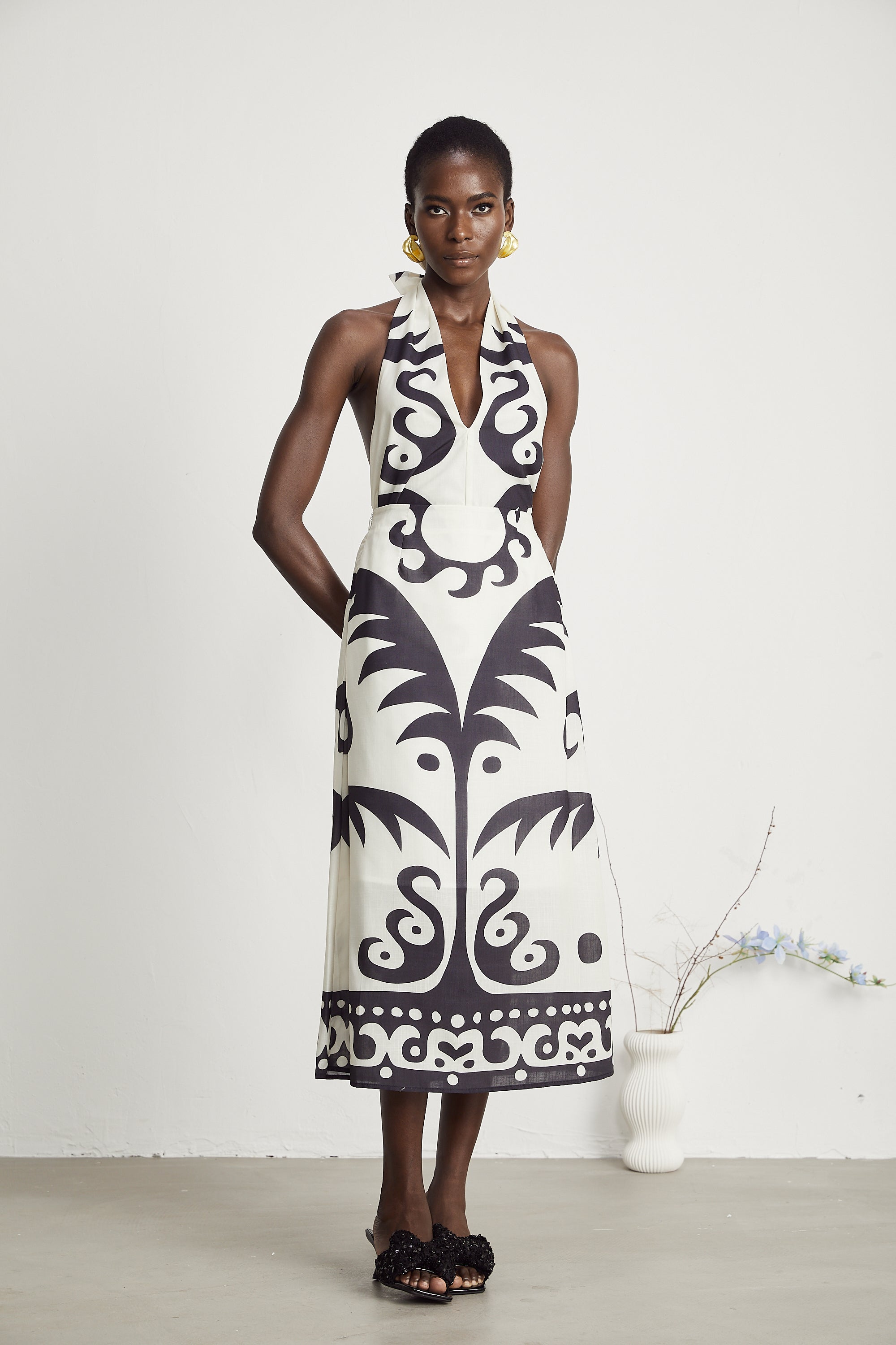 Mademoiselle graphic-print halter top & midi skirt matching set