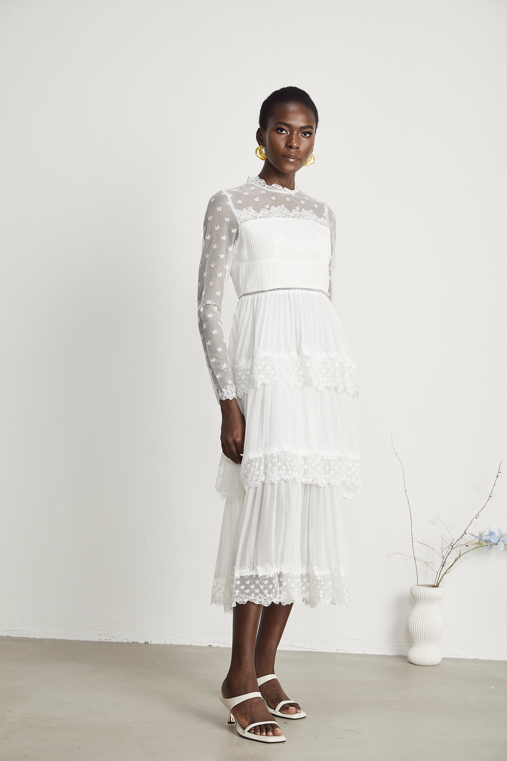 Odette lace semi-sheer layered midi dress