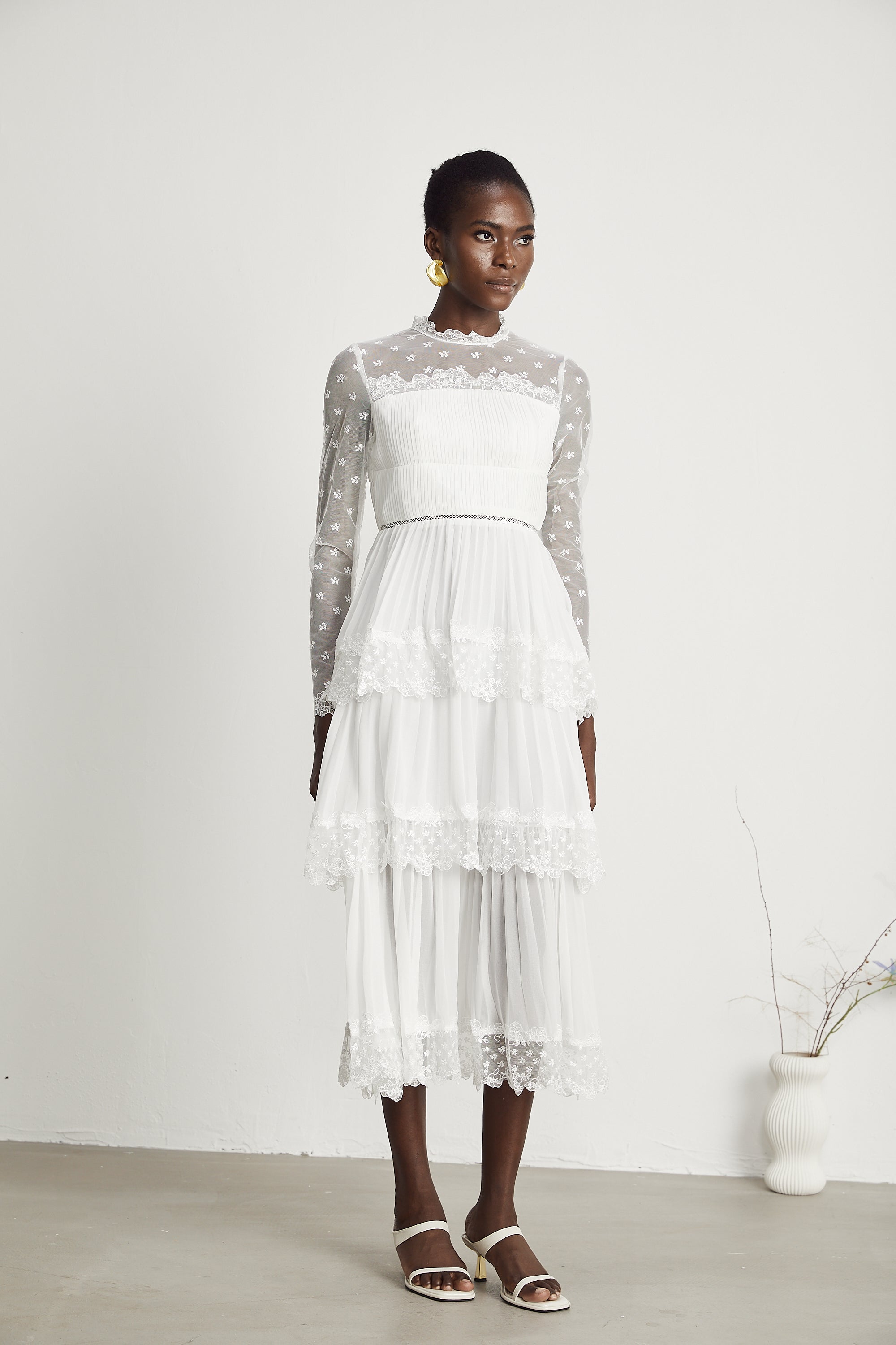 Odette lace semi-sheer layered midi dress