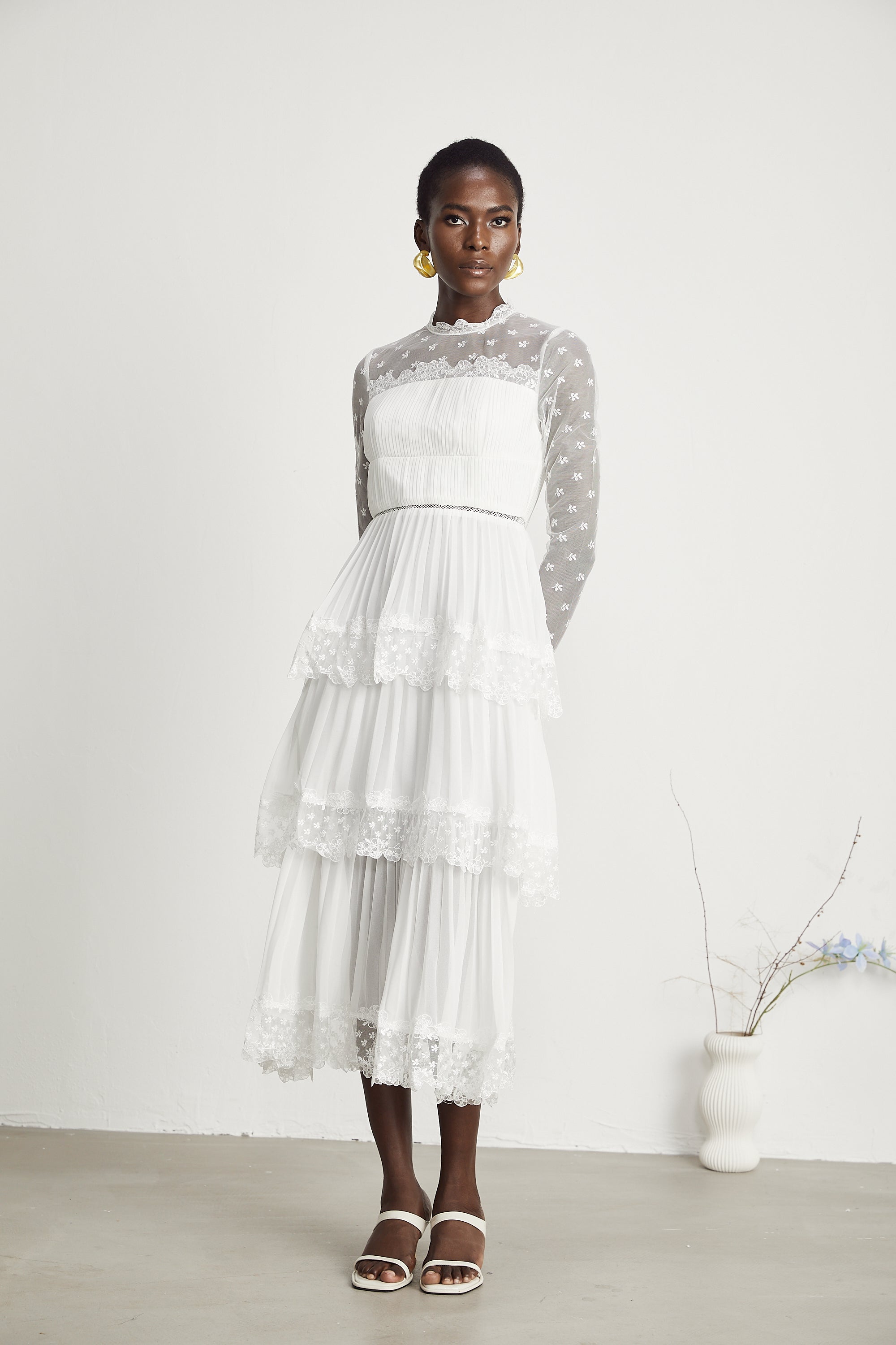 Odette lace semi-sheer layered midi dress