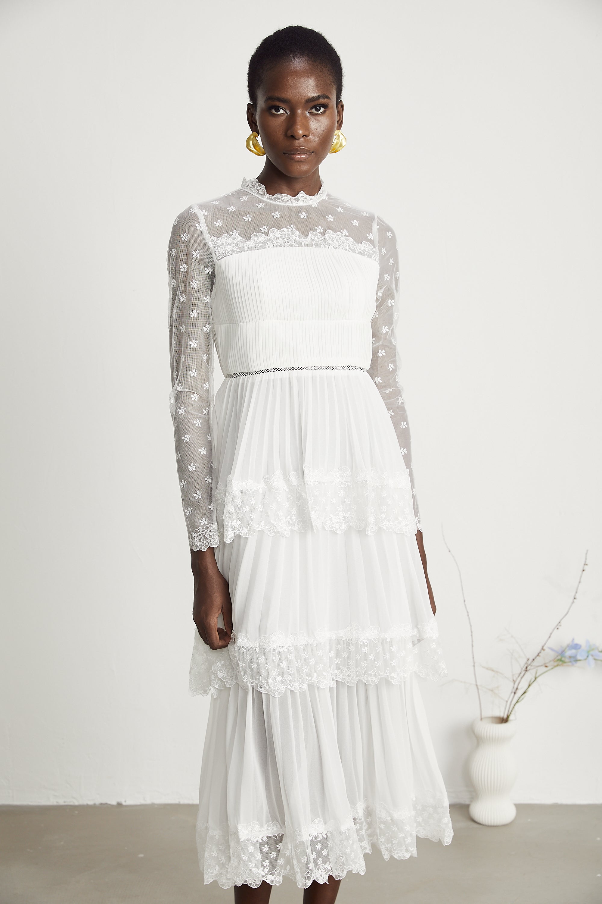 Odette lace semi-sheer layered midi dress