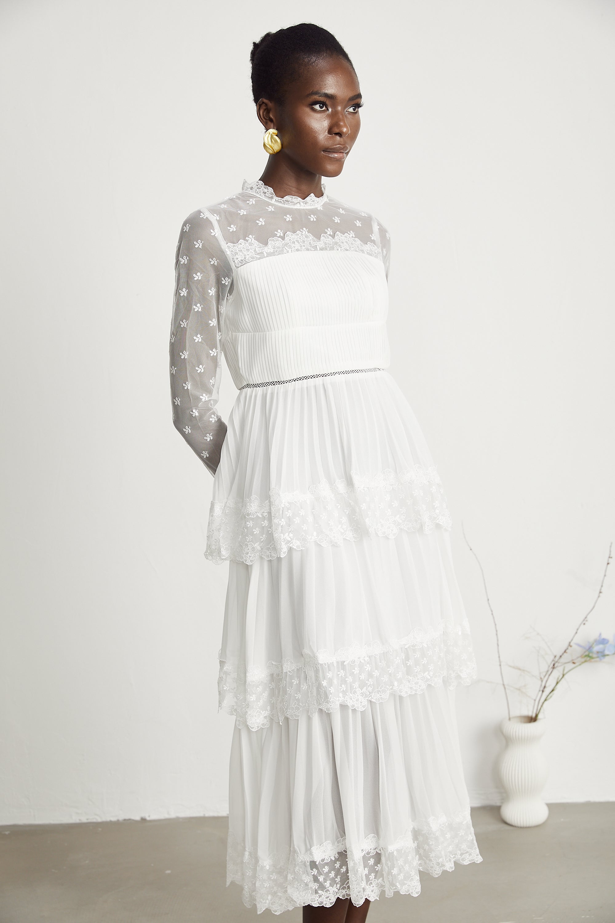 Odette lace semi-sheer layered midi dress