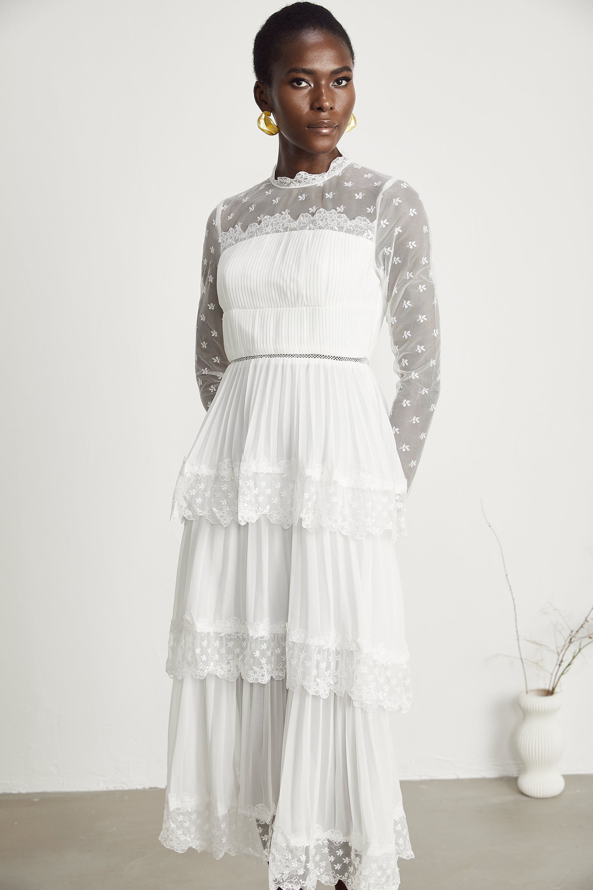 Odette lace semi-sheer layered midi dress