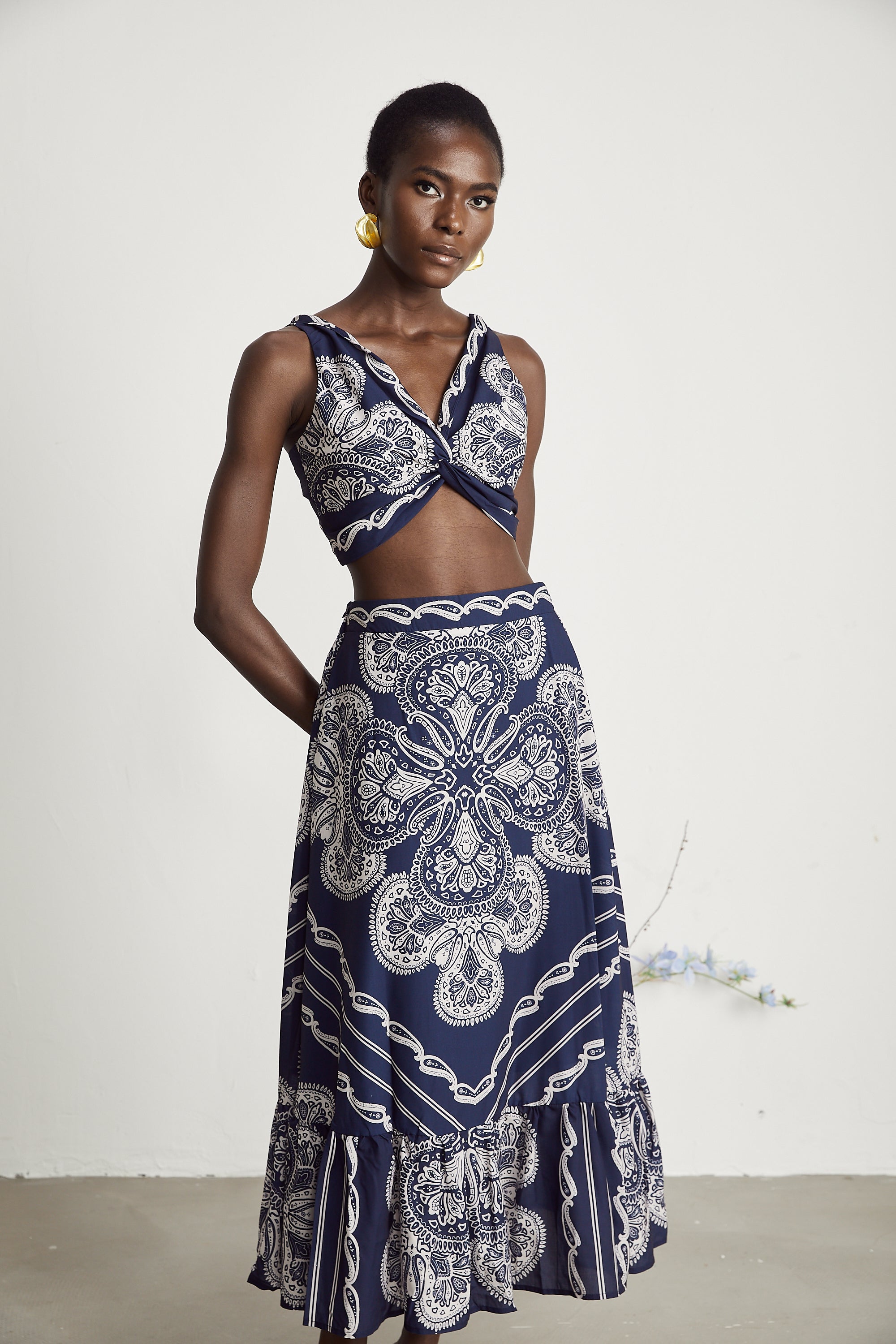 Ingrid paisley-print top & skirt matching set