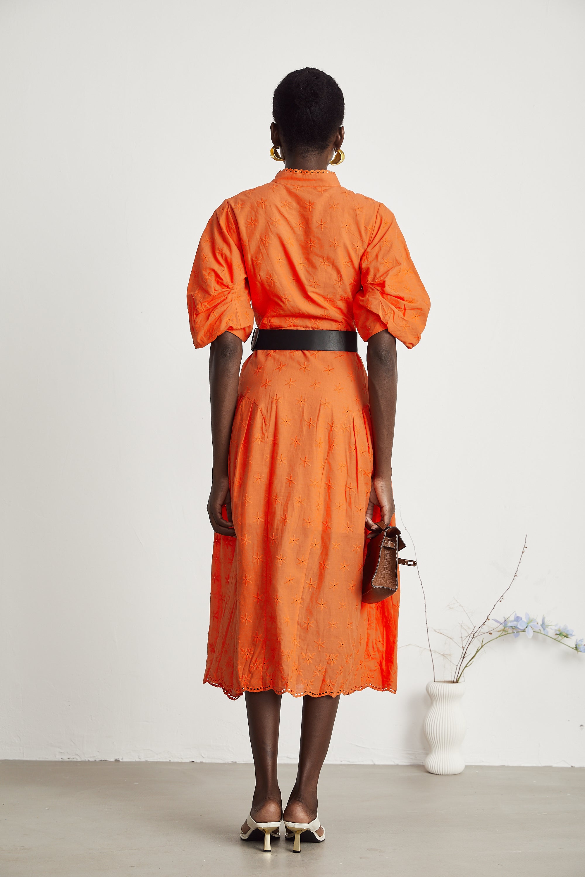 Cordelia puff-sleeve broderie-anglaise midi dress in Orange