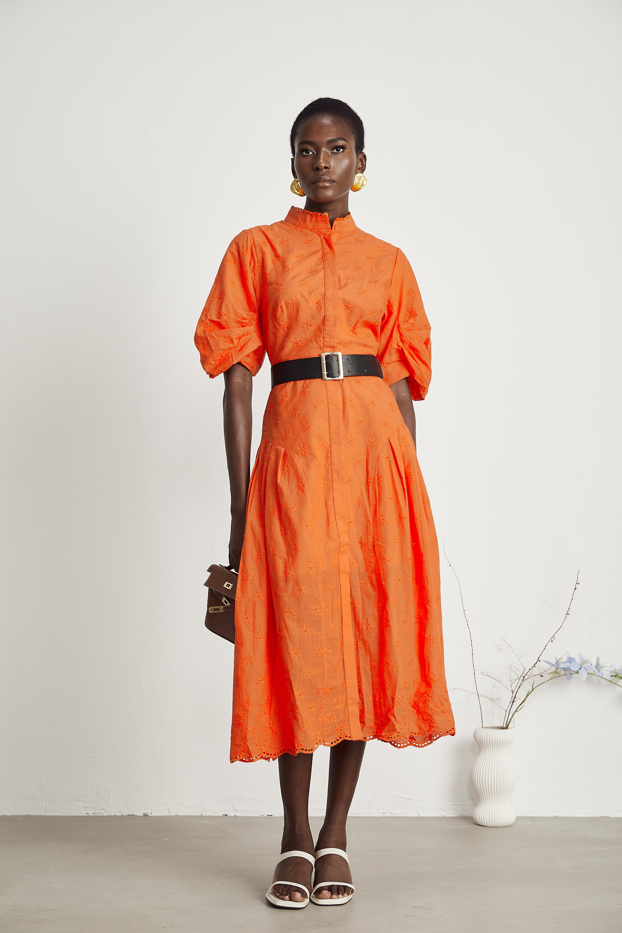 Cordelia puff-sleeve broderie-anglaise midi dress in Orange