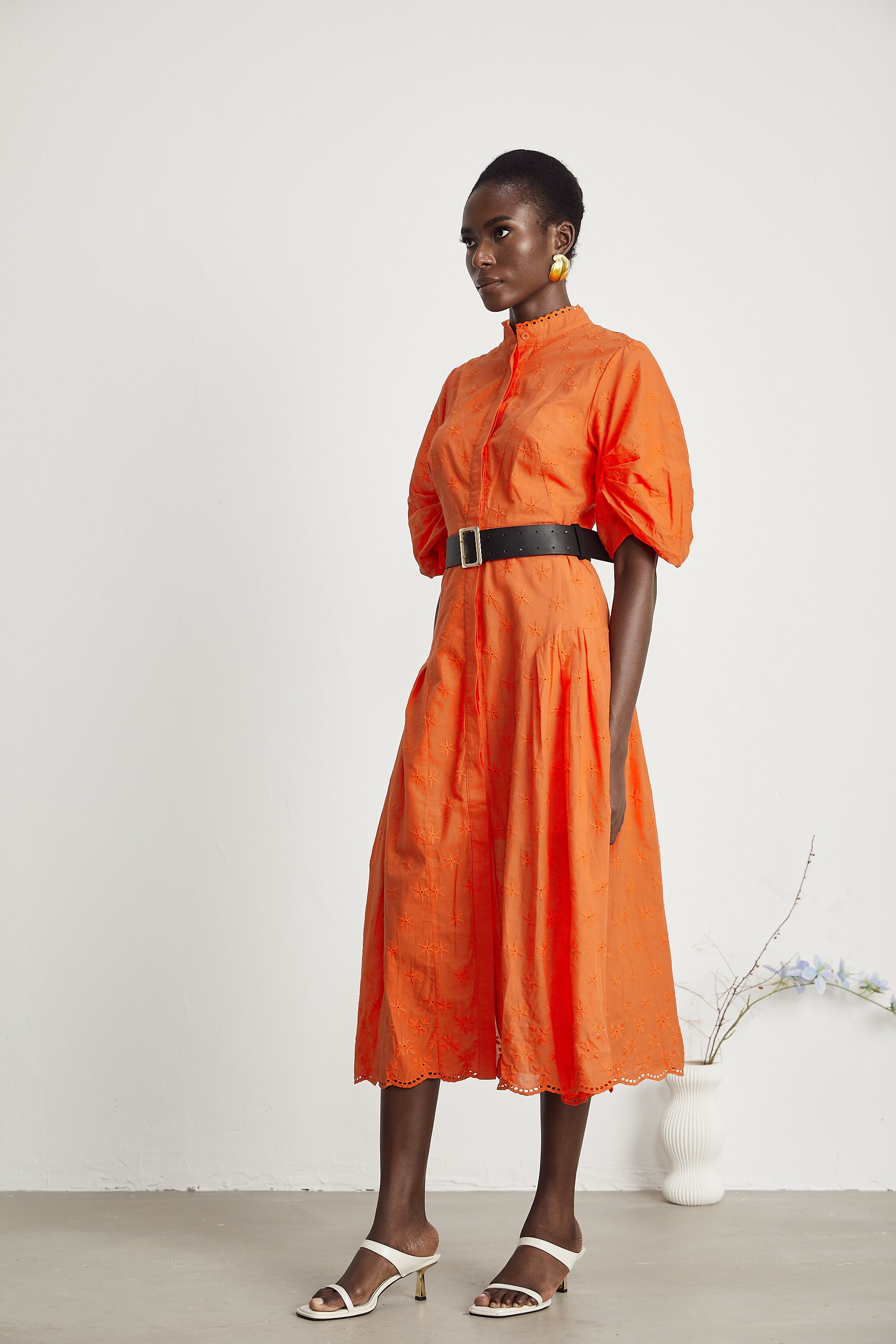 Cordelia puff-sleeve broderie-anglaise midi dress in Orange