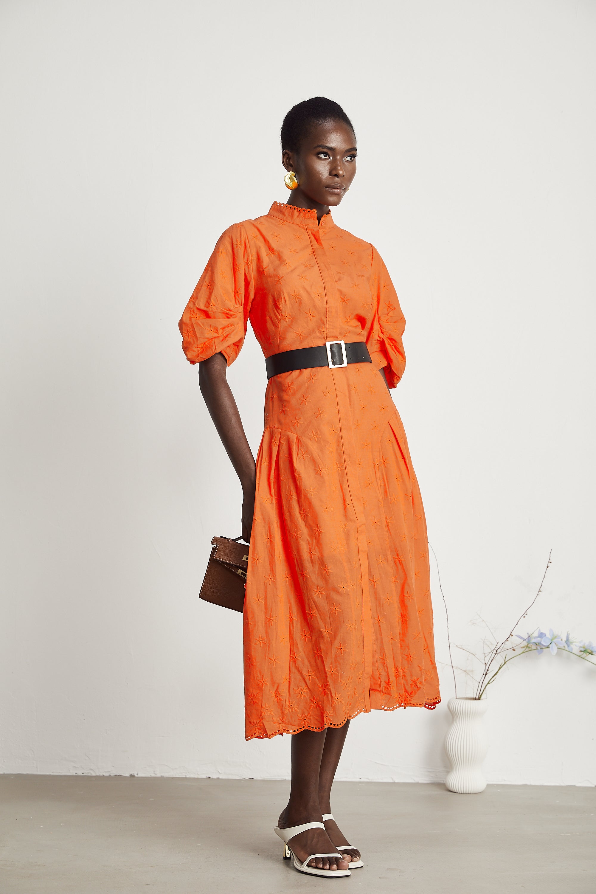 Cordelia puff-sleeve broderie-anglaise midi dress in Orange