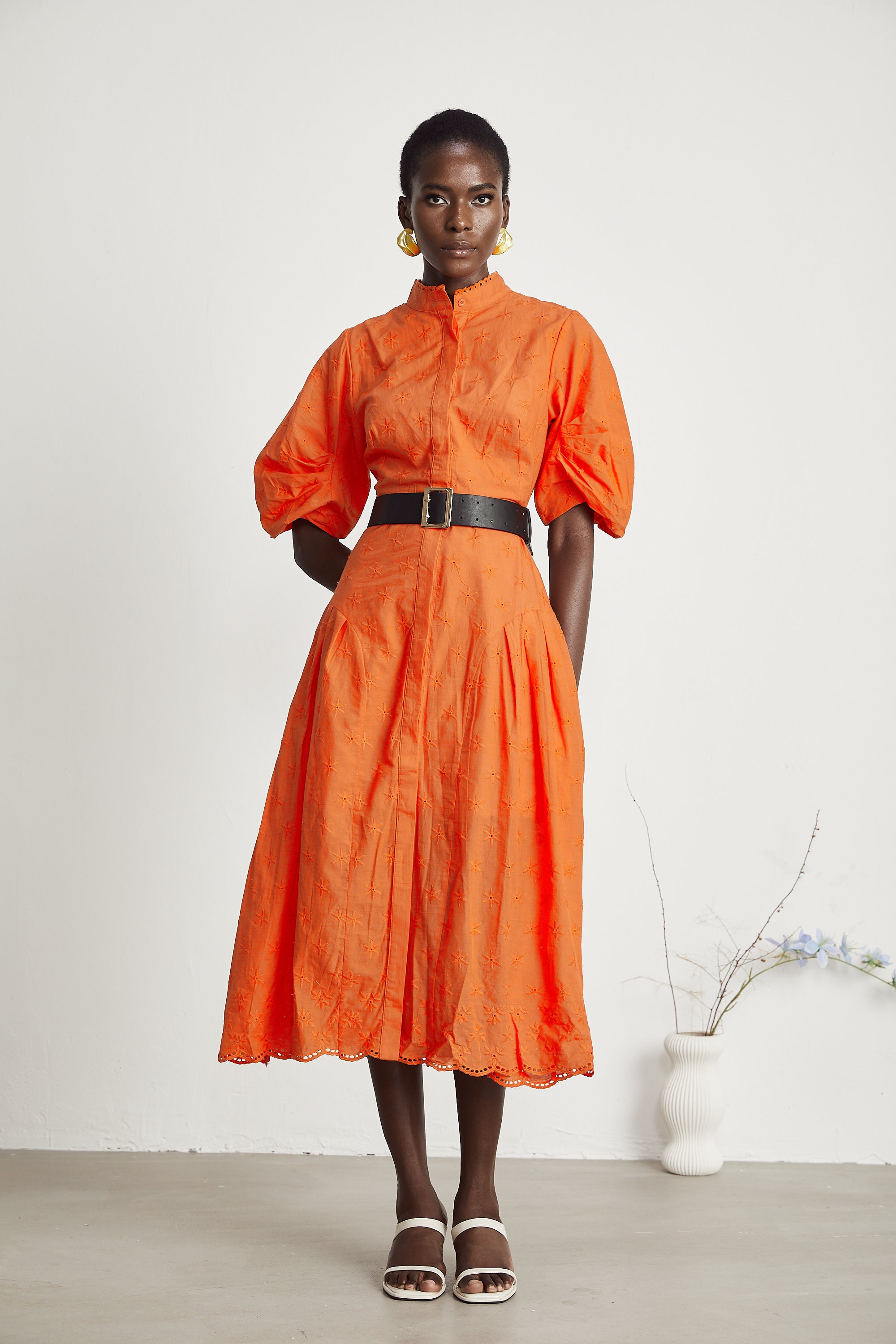 Cordelia puff-sleeve broderie-anglaise midi dress in Orange