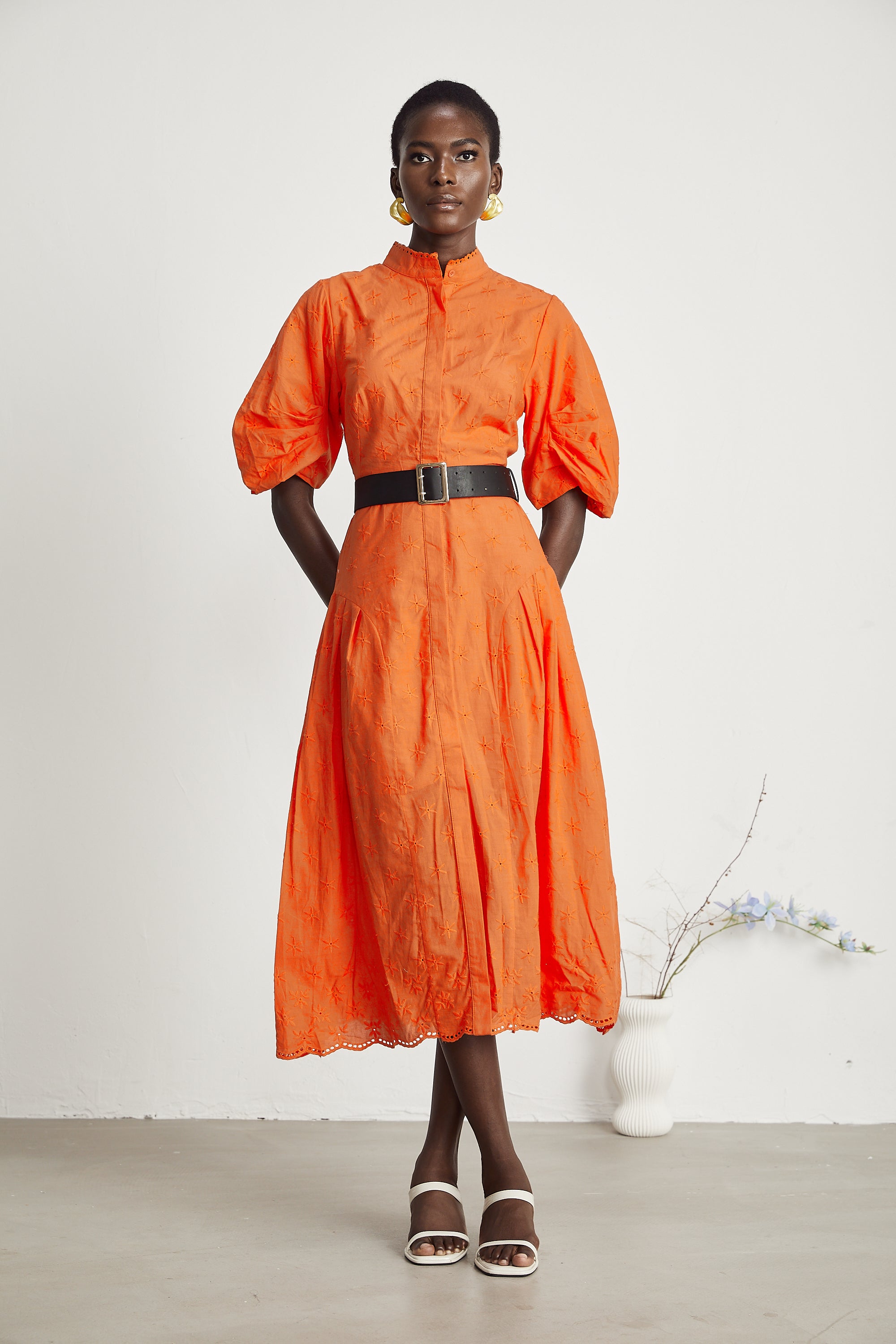 Cordelia puff-sleeve broderie-anglaise midi dress in Orange