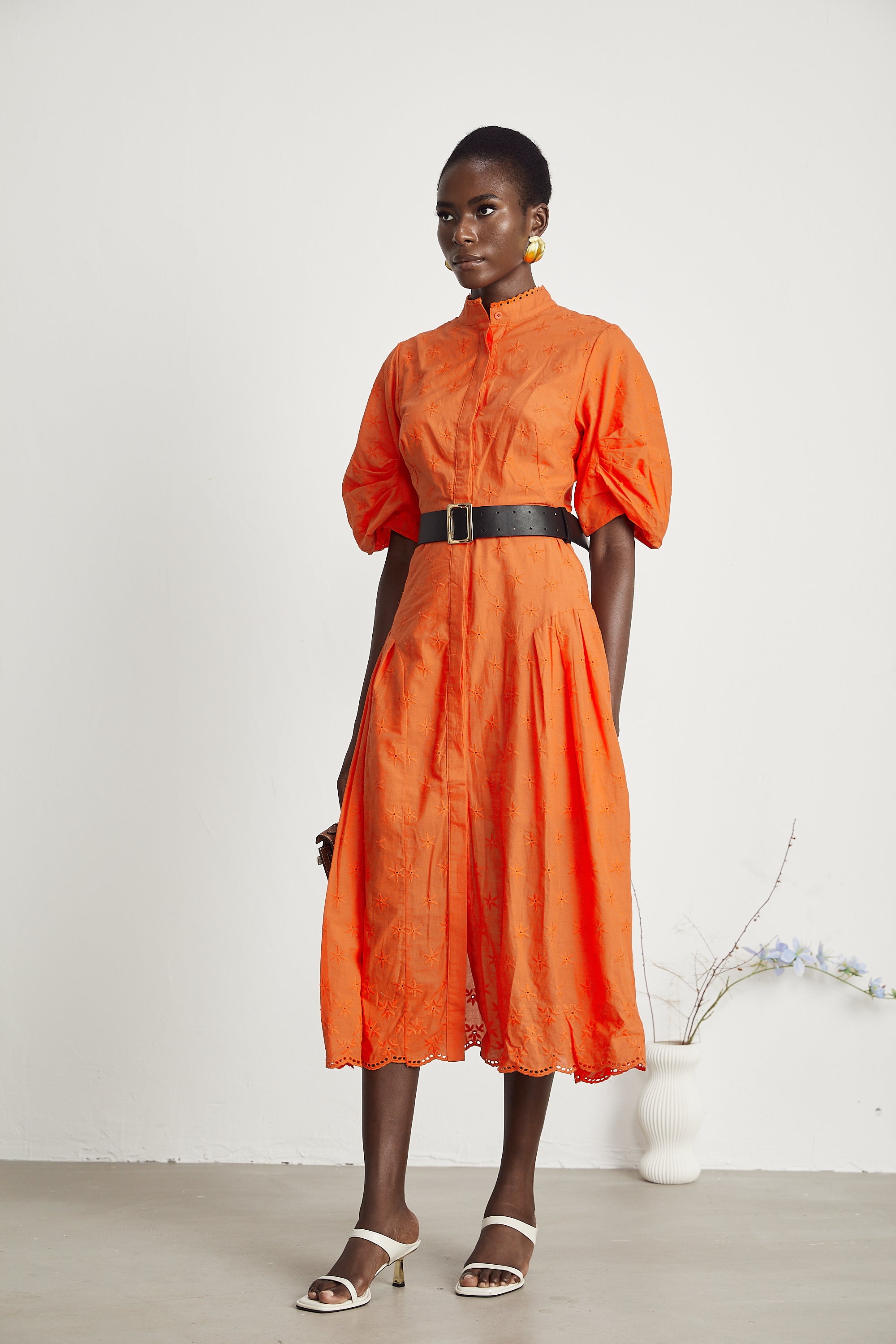 Cordelia puff-sleeve broderie-anglaise midi dress in Orange