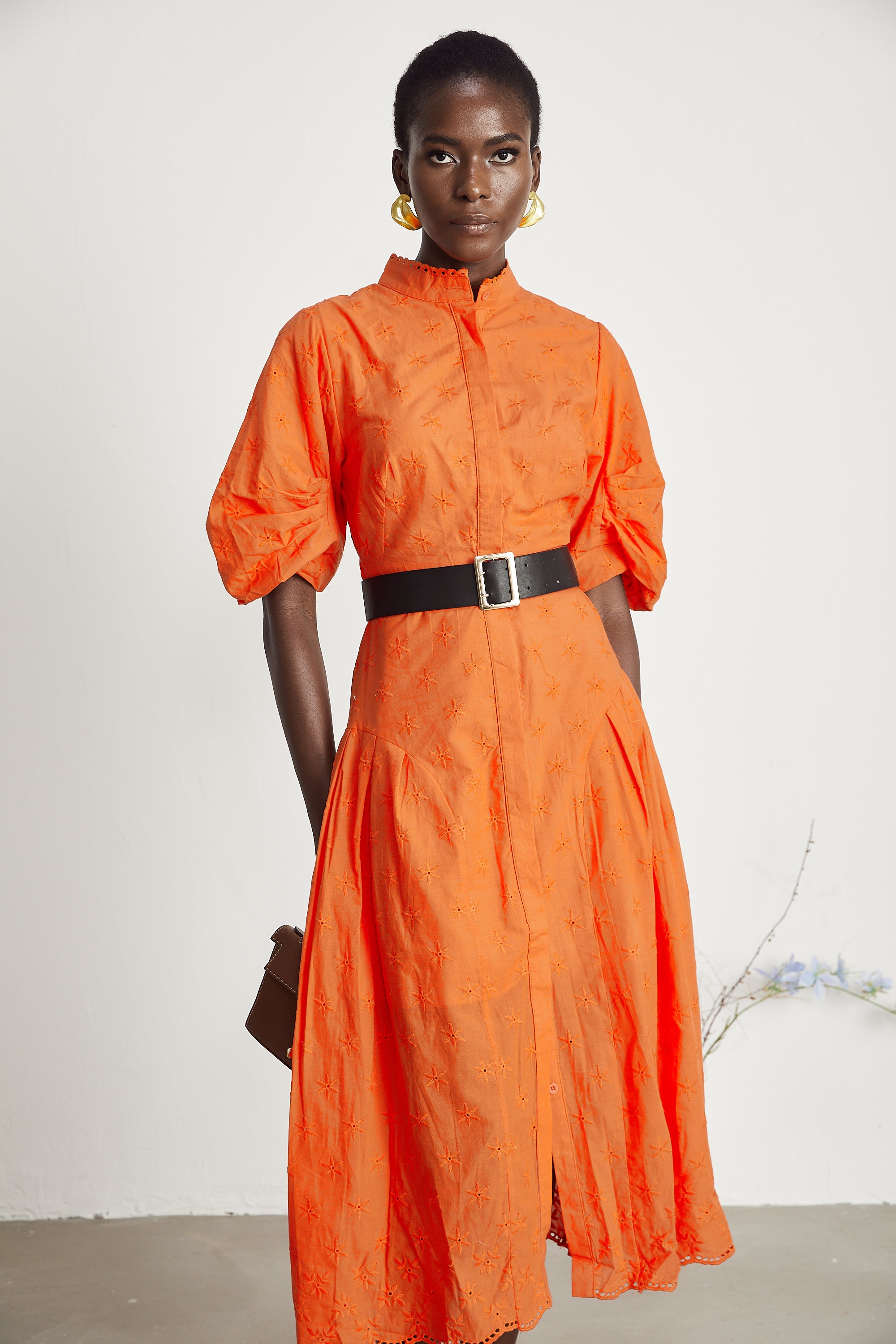 Cordelia puff-sleeve broderie-anglaise midi dress in Orange