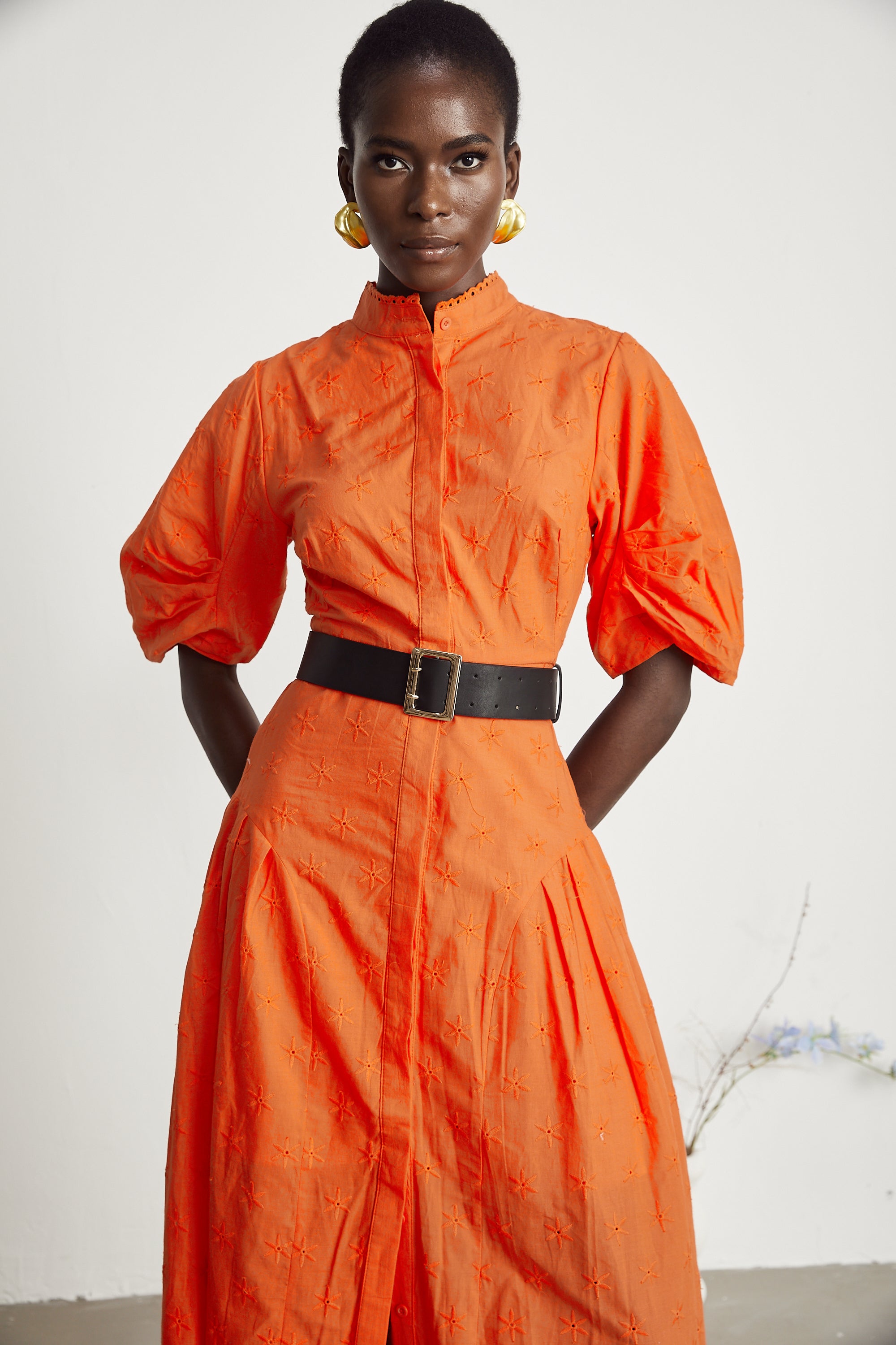 Cordelia puff-sleeve broderie-anglaise midi dress in Orange