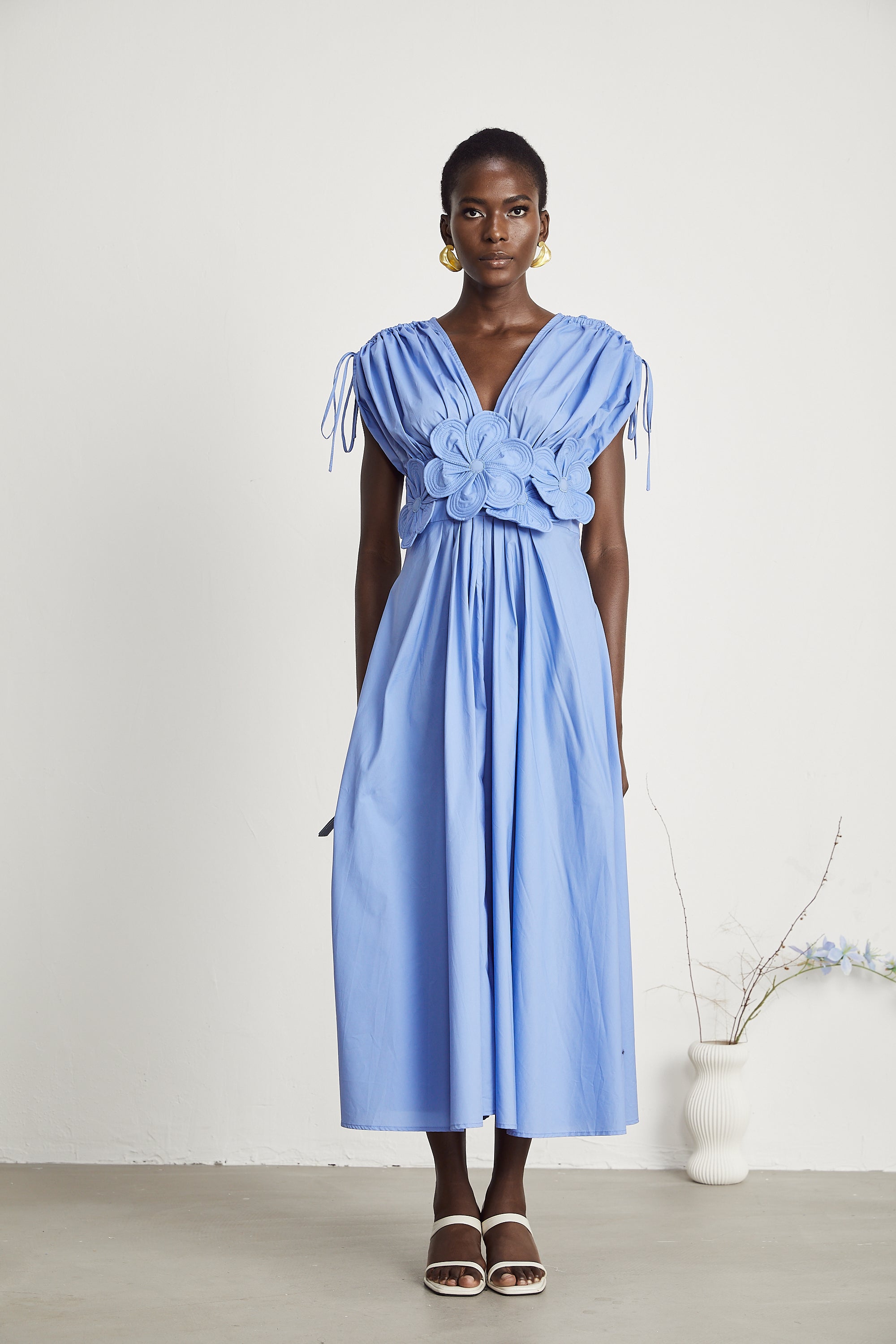 Emma petal-detail drawstring maxi dress in Blue