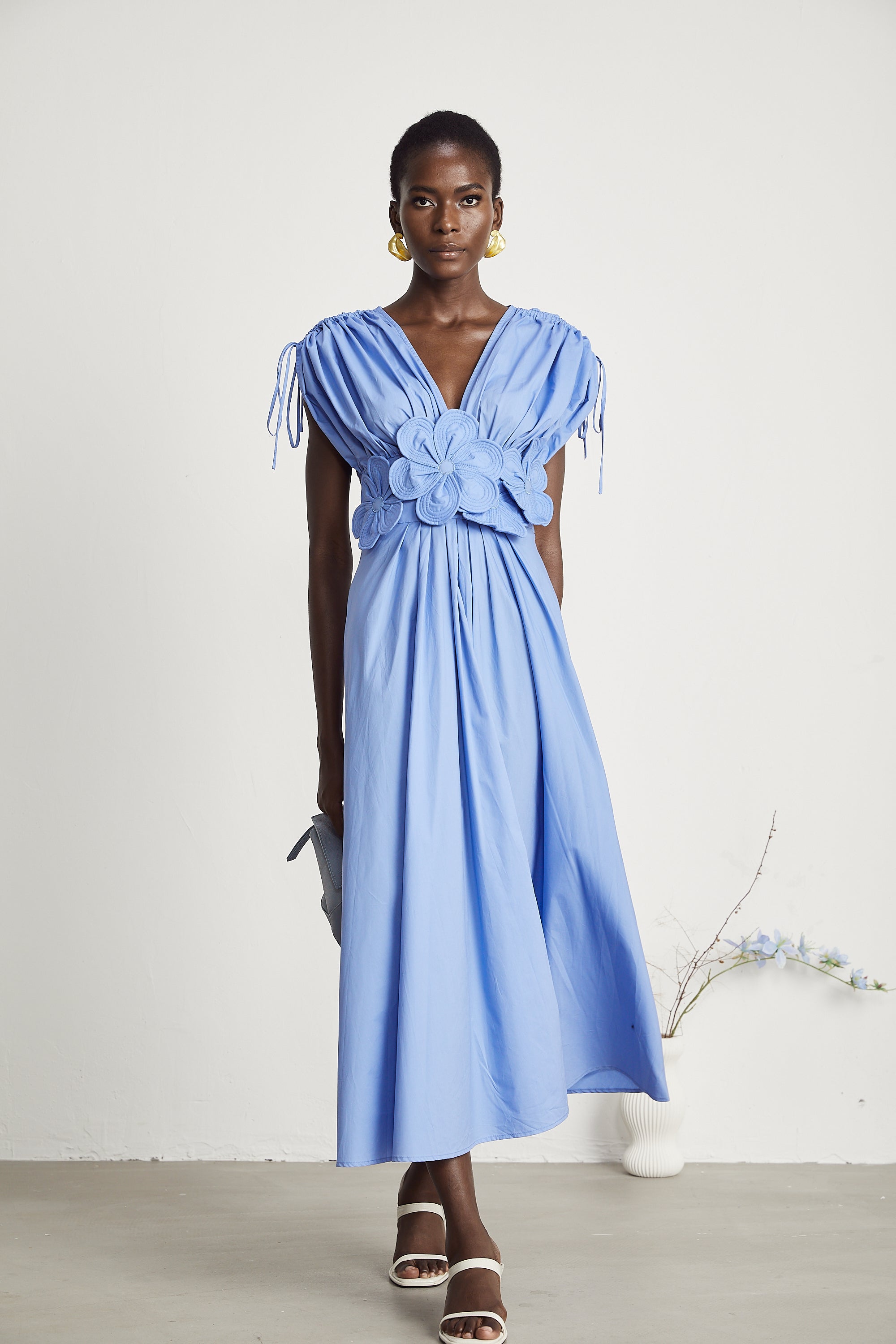 Emma petal-detail drawstring maxi dress in Blue