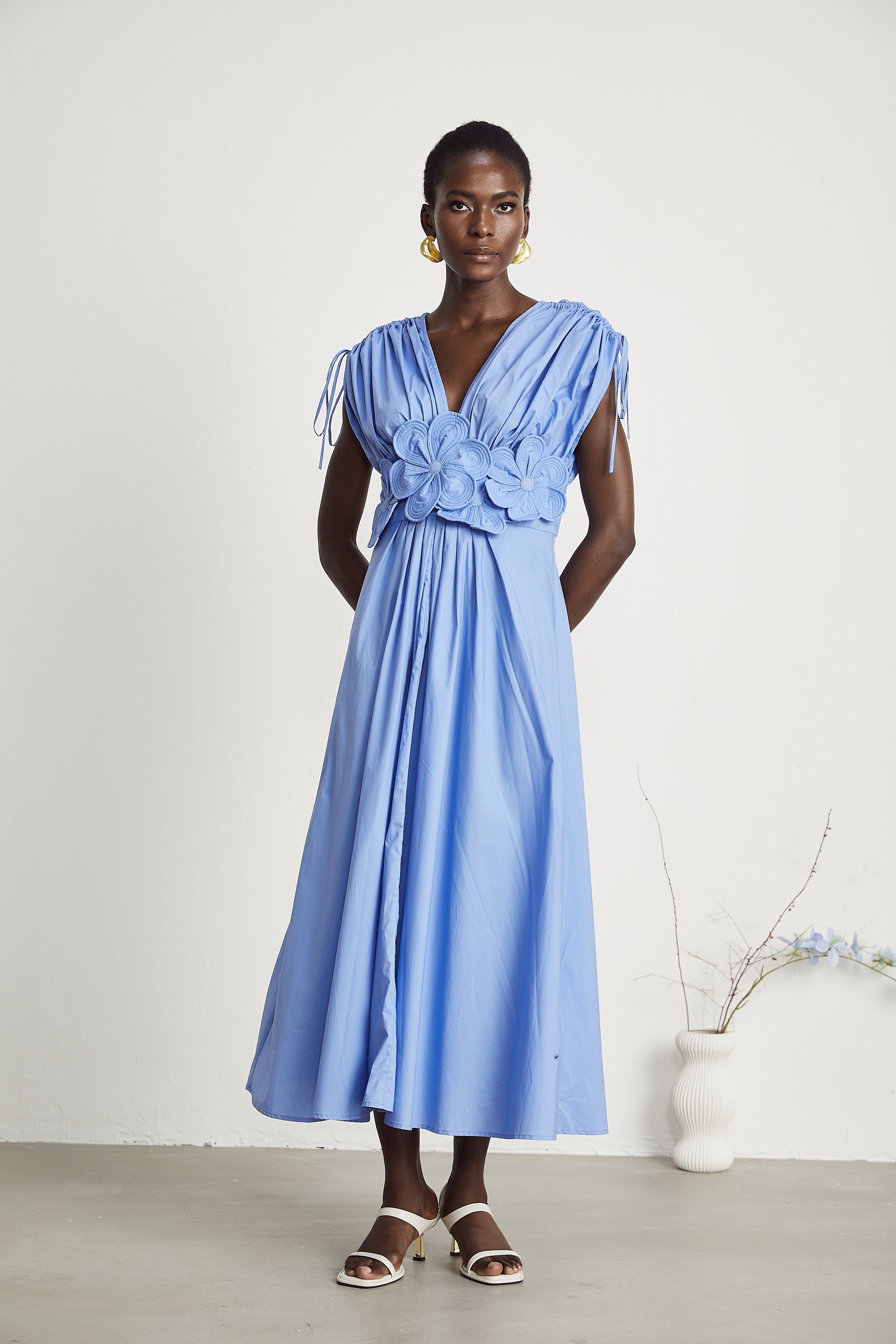 Emma petal-detail drawstring maxi dress in Blue