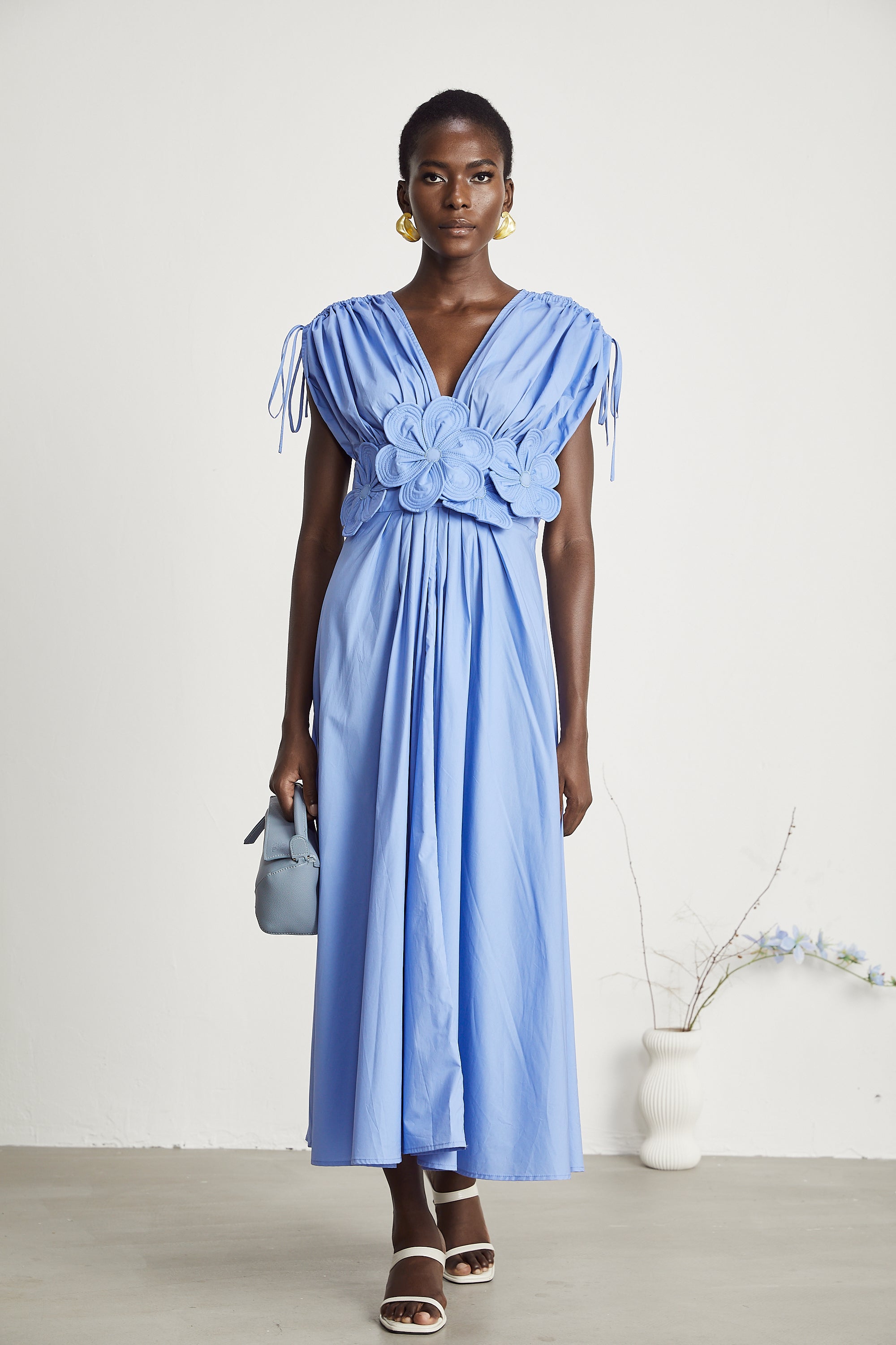 Emma petal-detail drawstring maxi dress in Blue