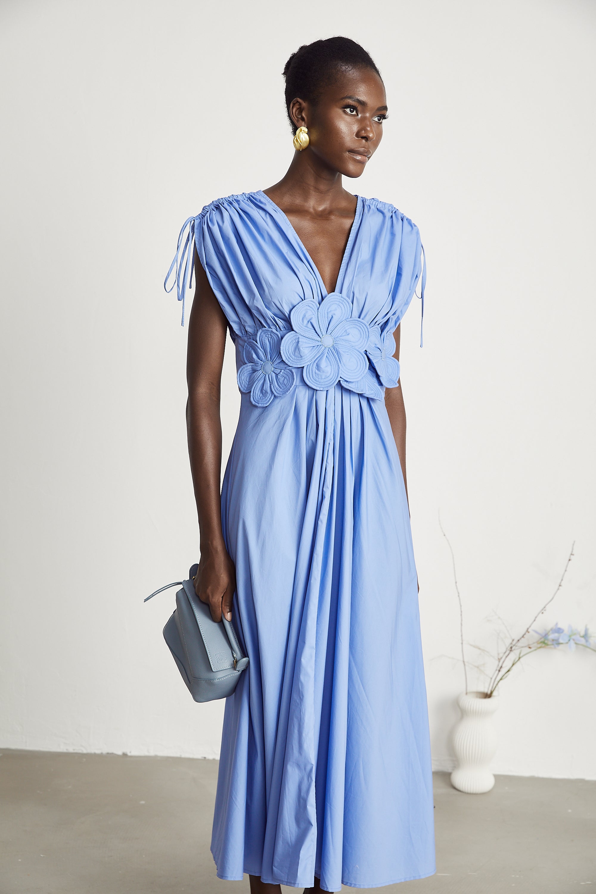 Emma petal-detail drawstring maxi dress in Blue