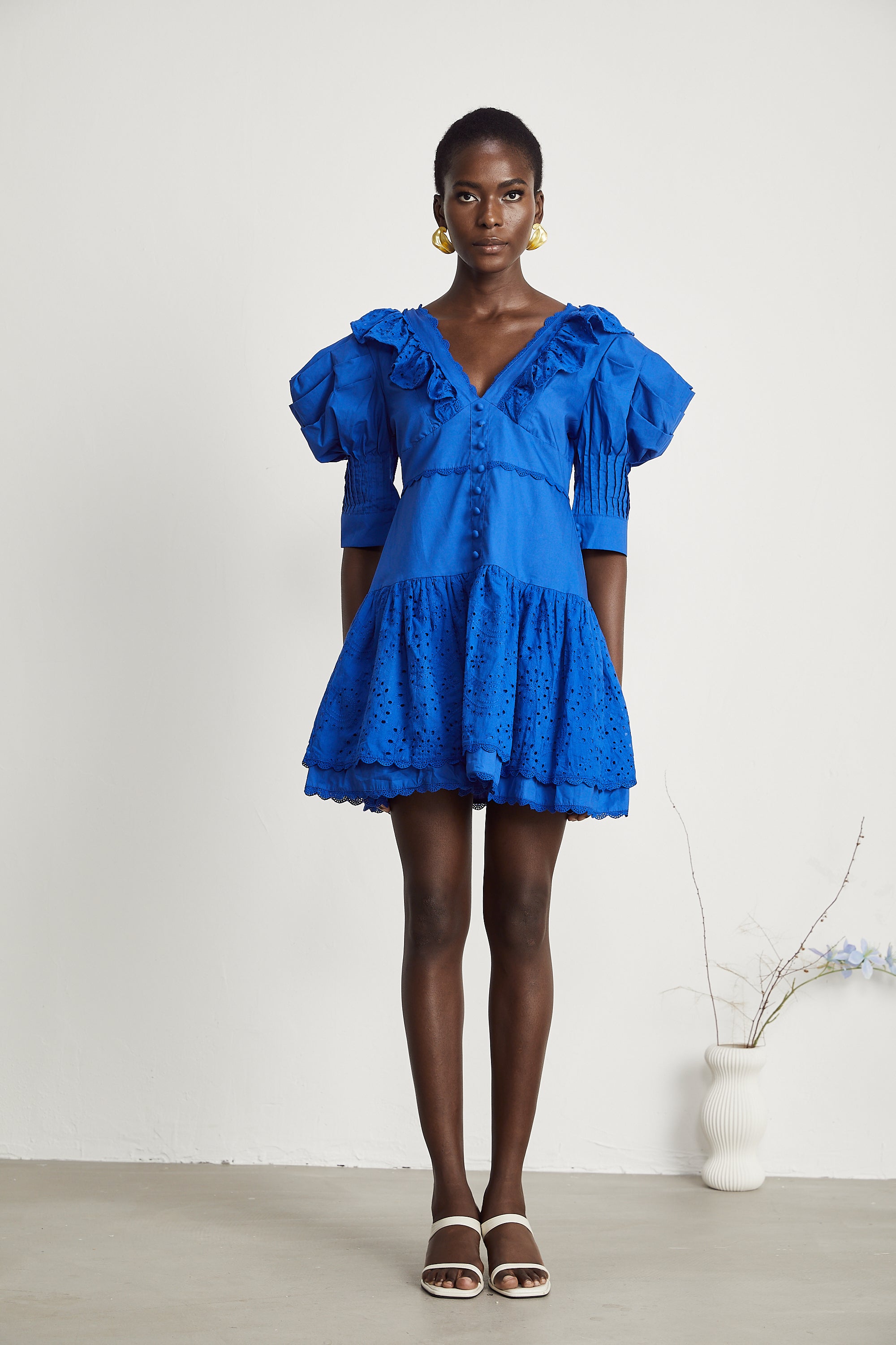 Florentina puff-sleeve ruffled mini dress