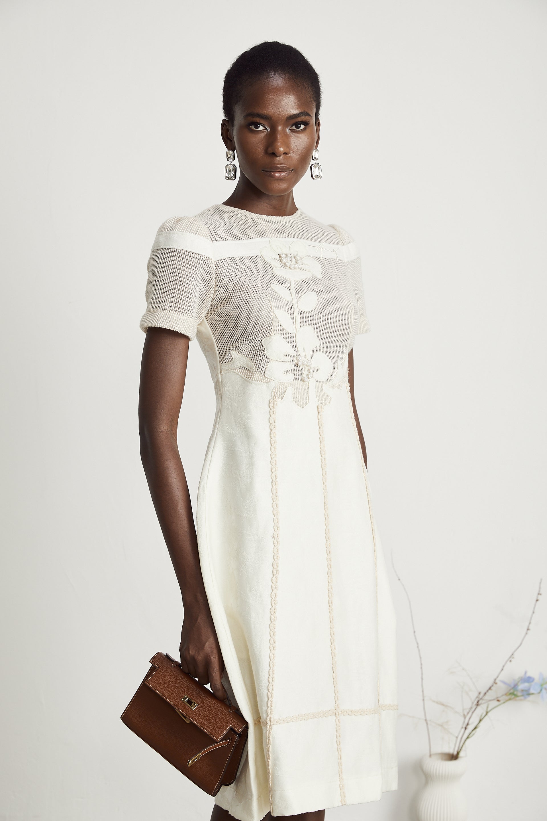 Diane Floral Embroidered Openwork Midi Dress XL / White