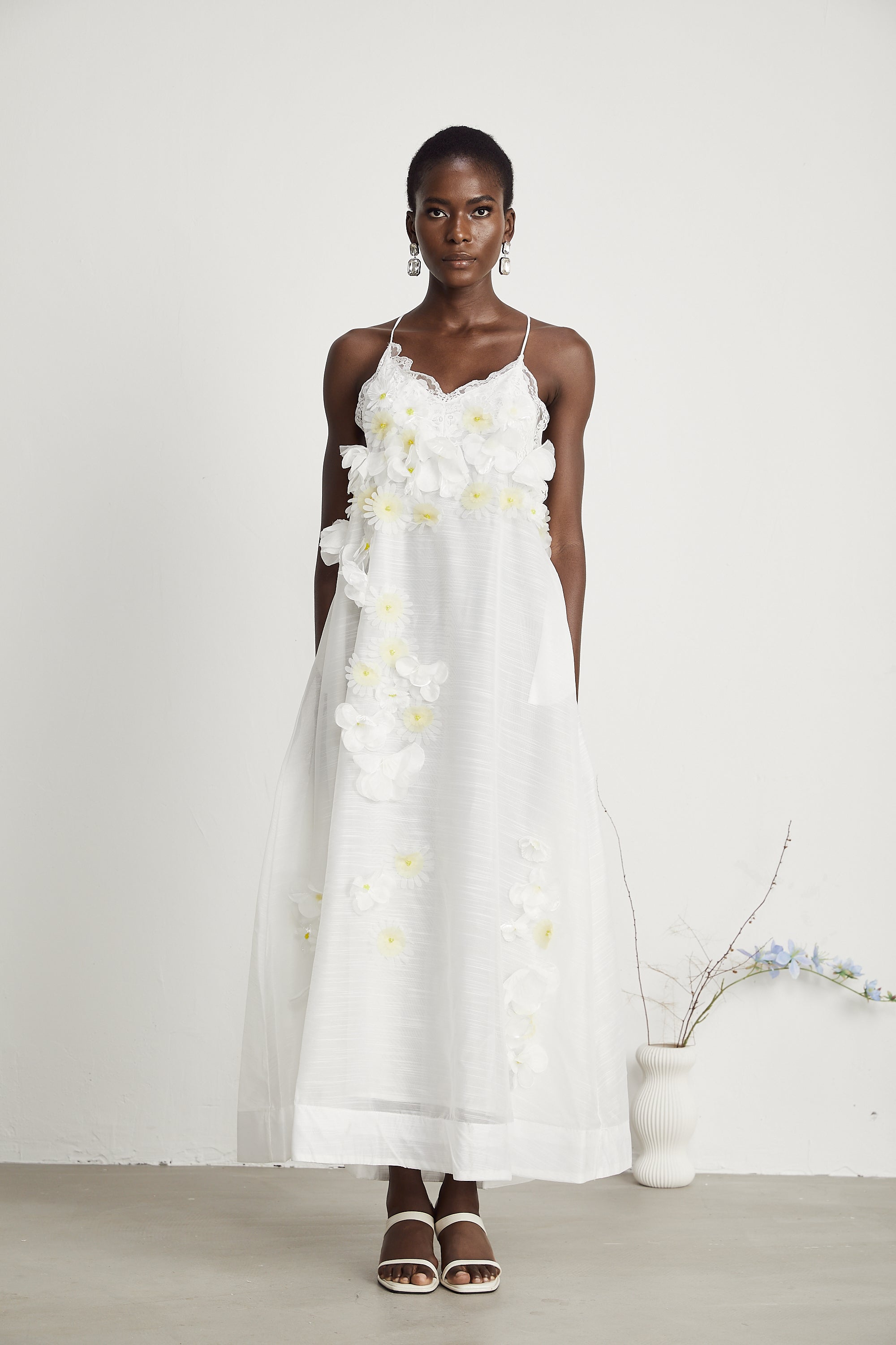 Sabine faux-floral embellished midi dress in White