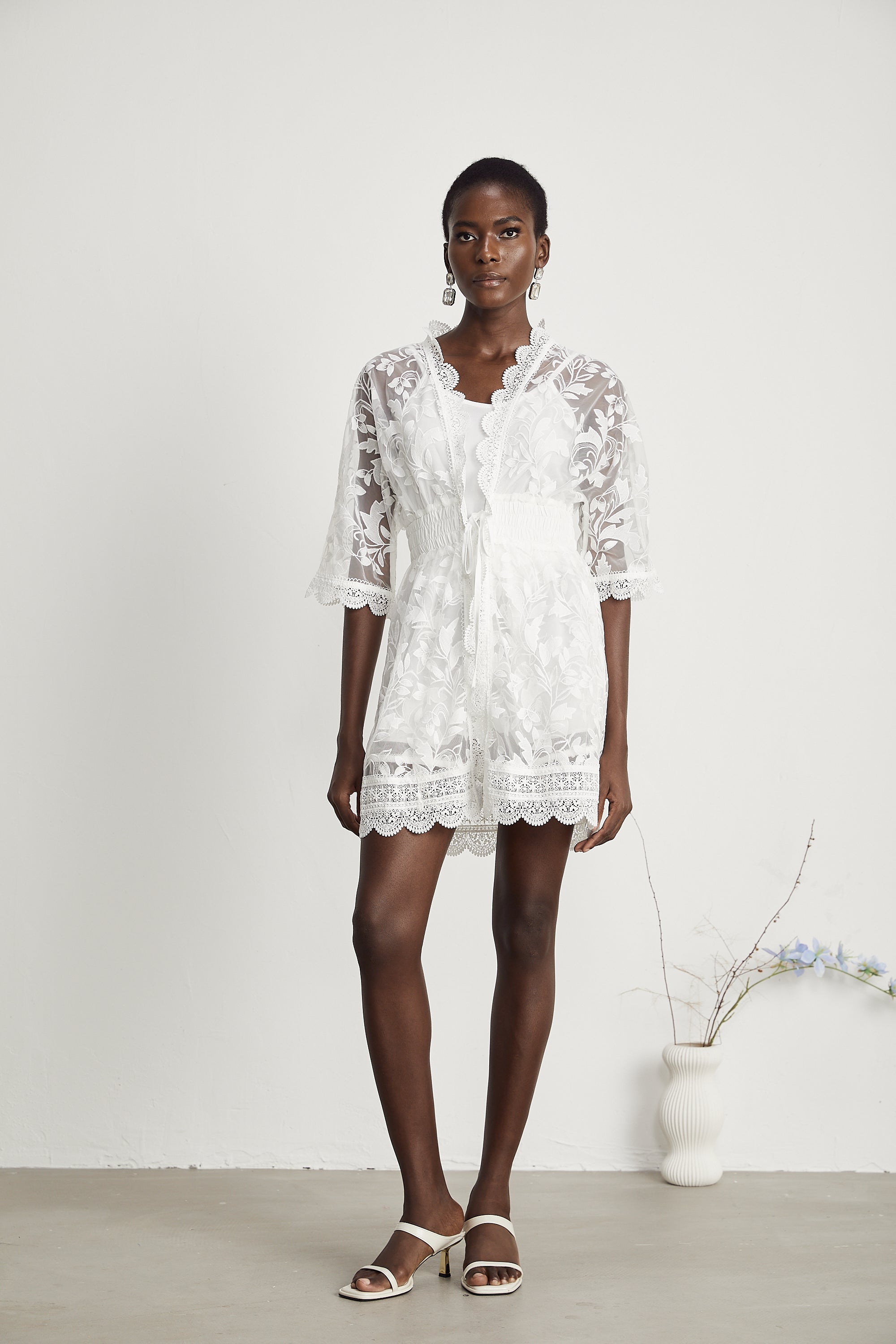 Léna semi-sheer lace embroidered shirt & shorts matching set